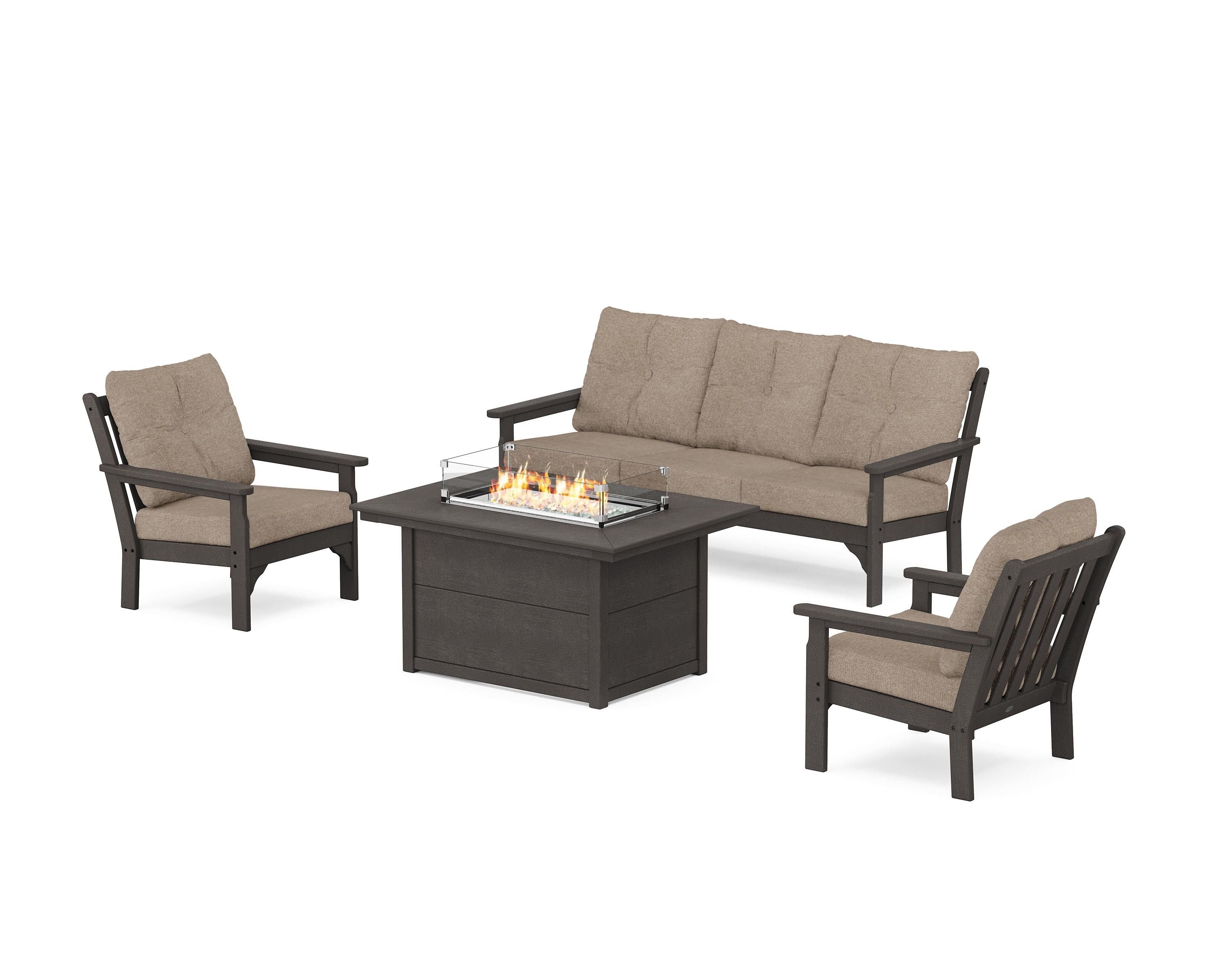 POLYWOOD Vineyard Deep Seating Fire Pit Table Set in Vintage Coffee / Spiced Burlap