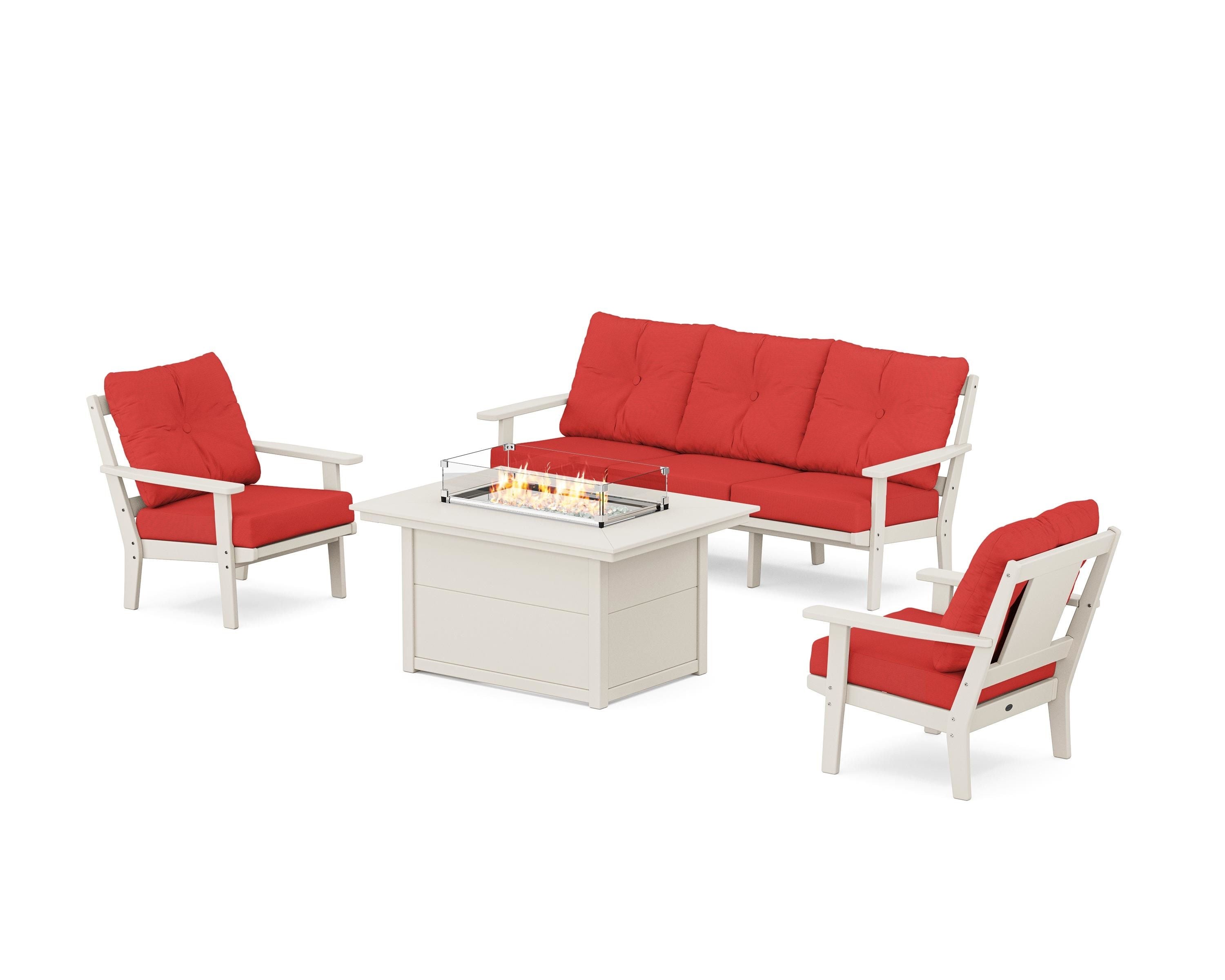 POLYWOOD Prairie Deep Seating Fire Pit Table Set in Sand / Crimson Linen