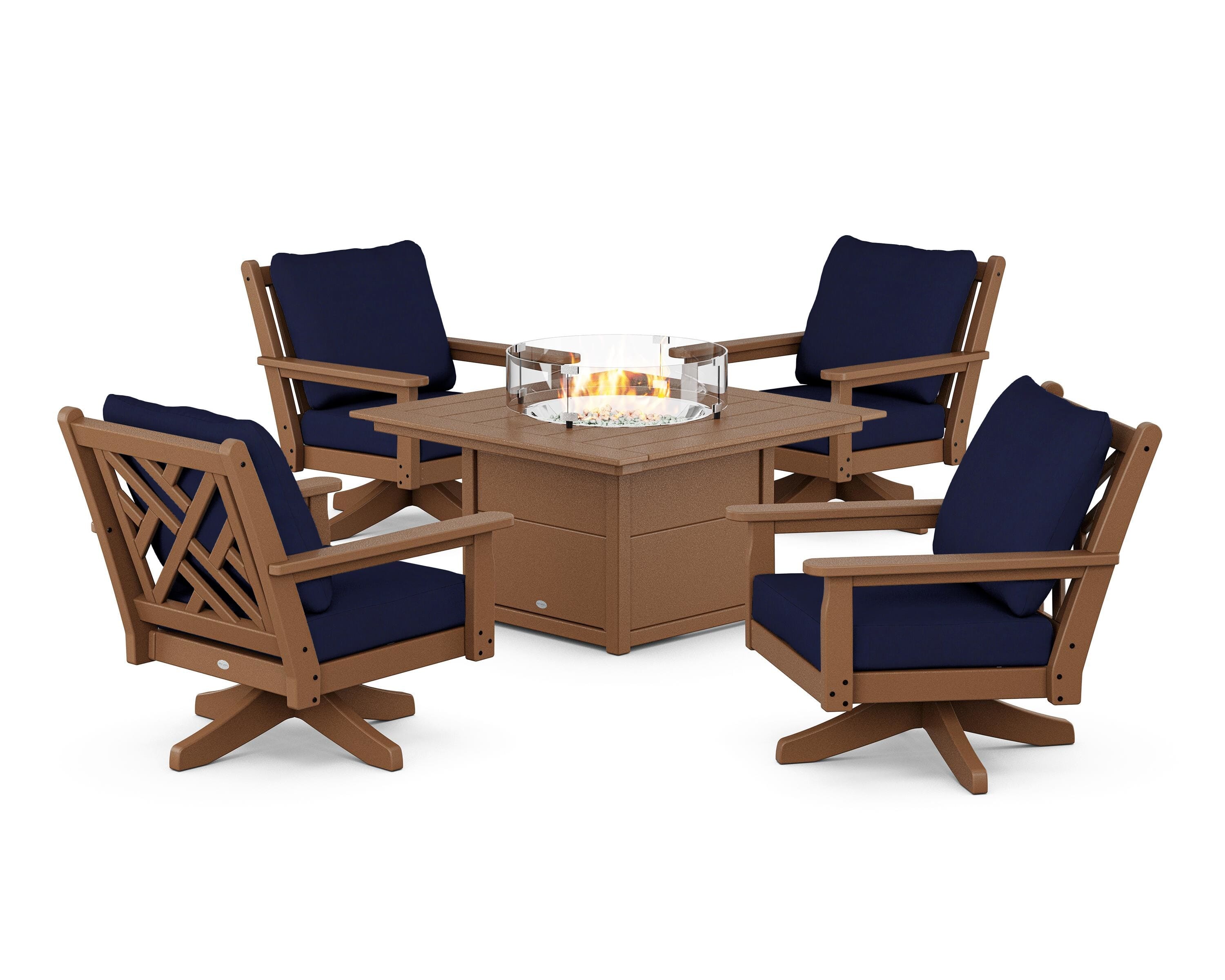 POLYWOOD Chippendale 5-Piece Deep Seating Swivel Conversation Set with Fire Pit Table in Teak / Navy