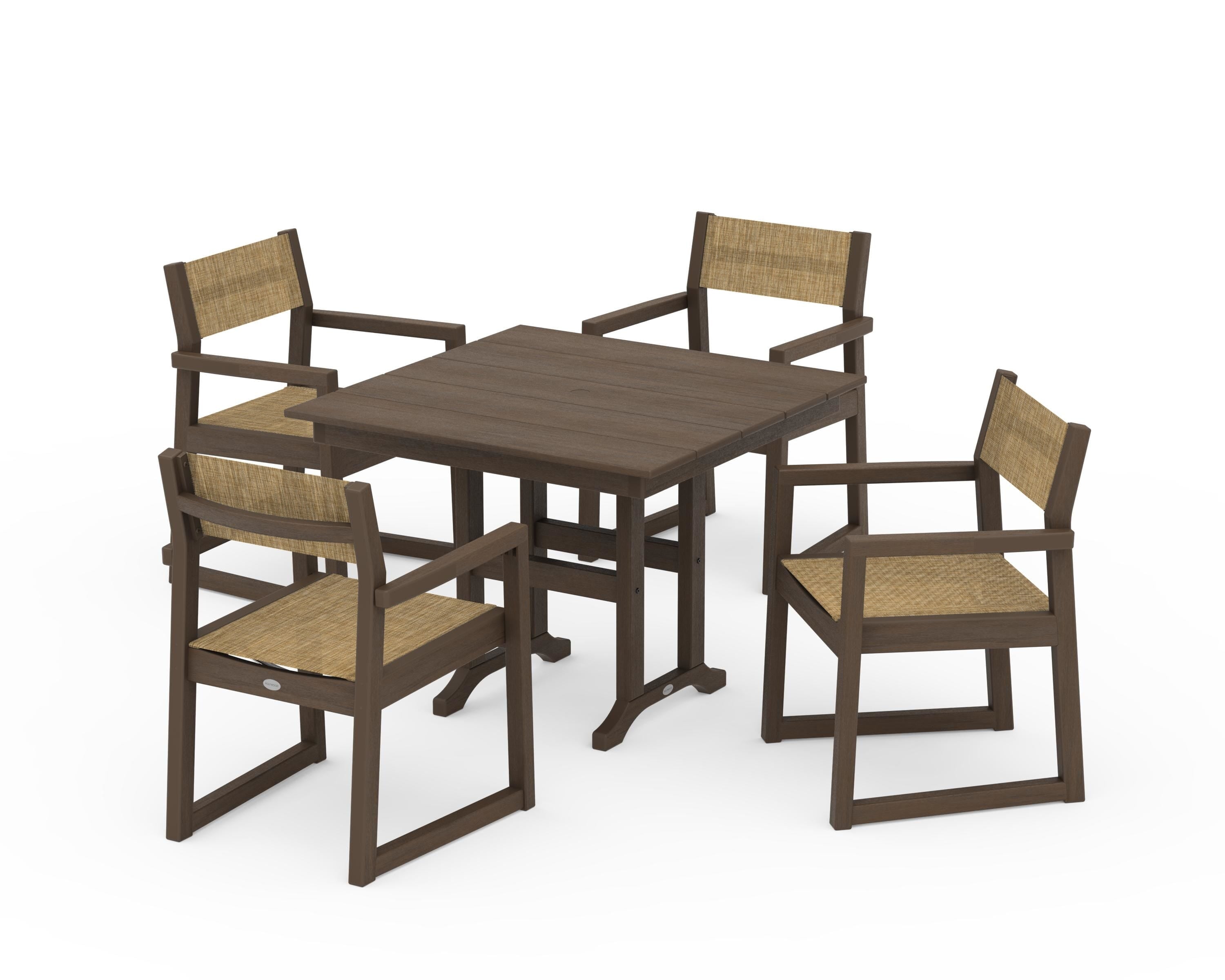 POLYWOOD EDGE Sling Arm Chair 5-Piece Farmhouse Dining Set in Kona / Burlap Sling