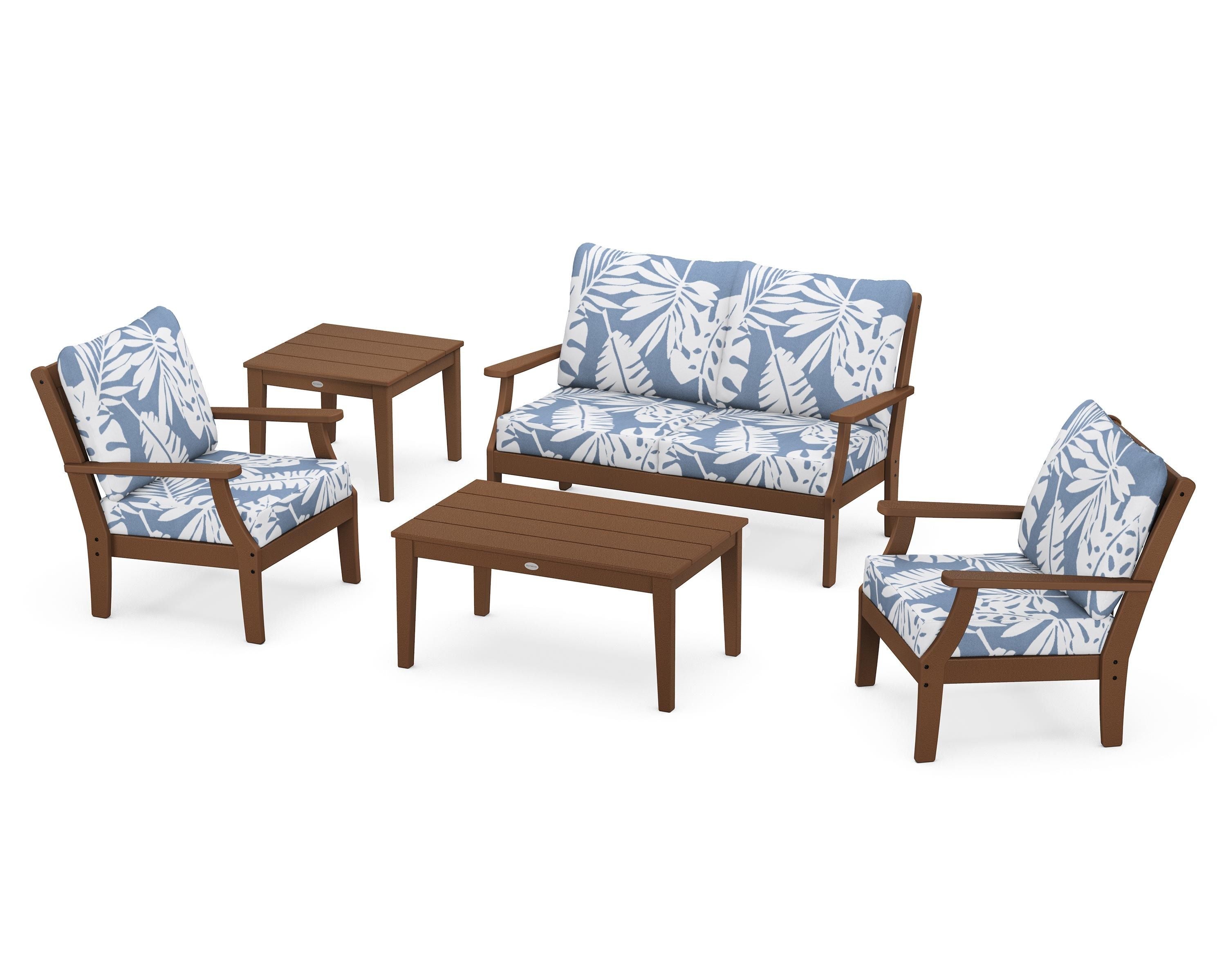 POLYWOOD Braxton 5-Piece Deep Seating Set in Teak / Leaf Sky Blue