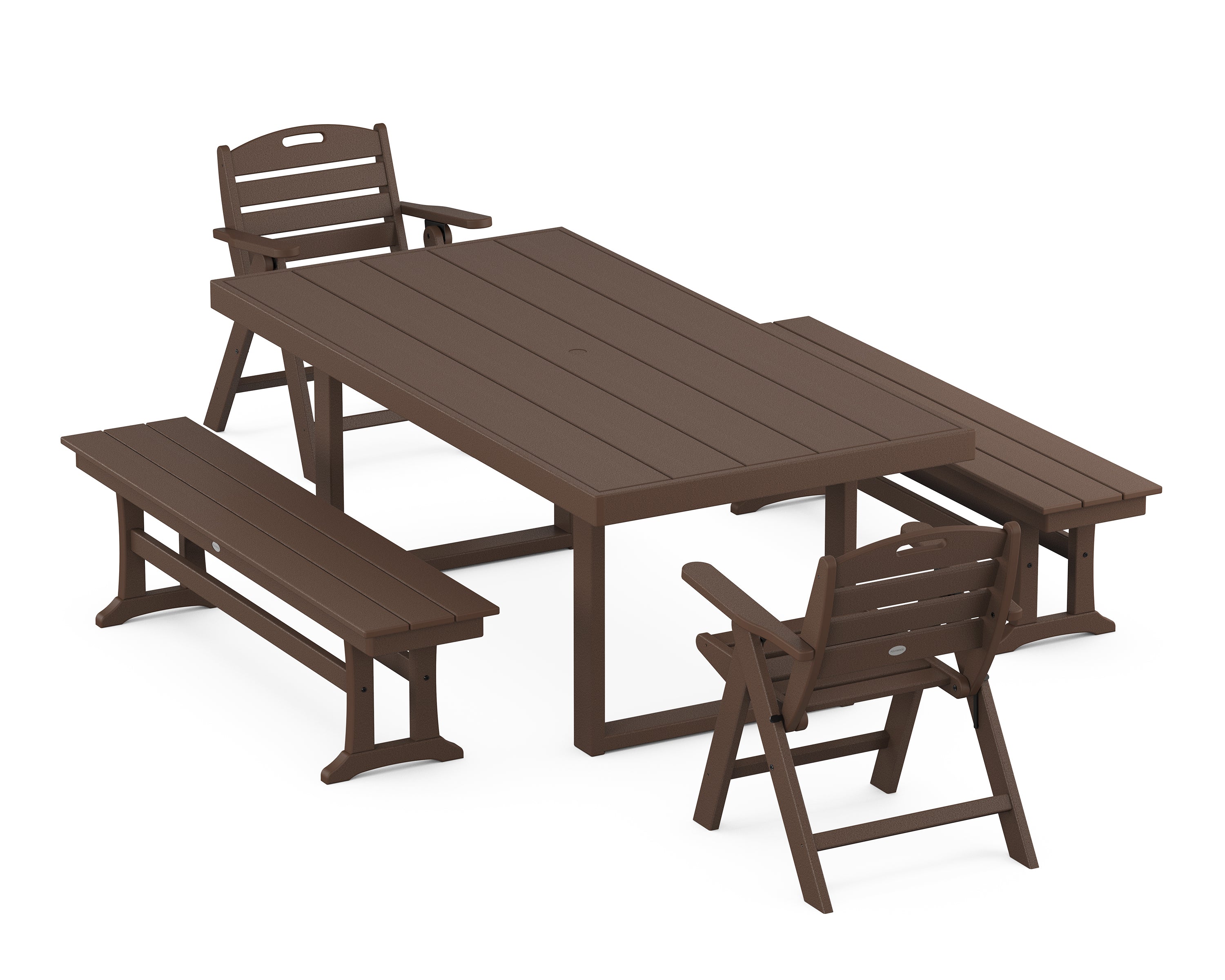 POLYWOOD® Nautical Lowback 5-Piece Dining Set with Benches in Mahogany