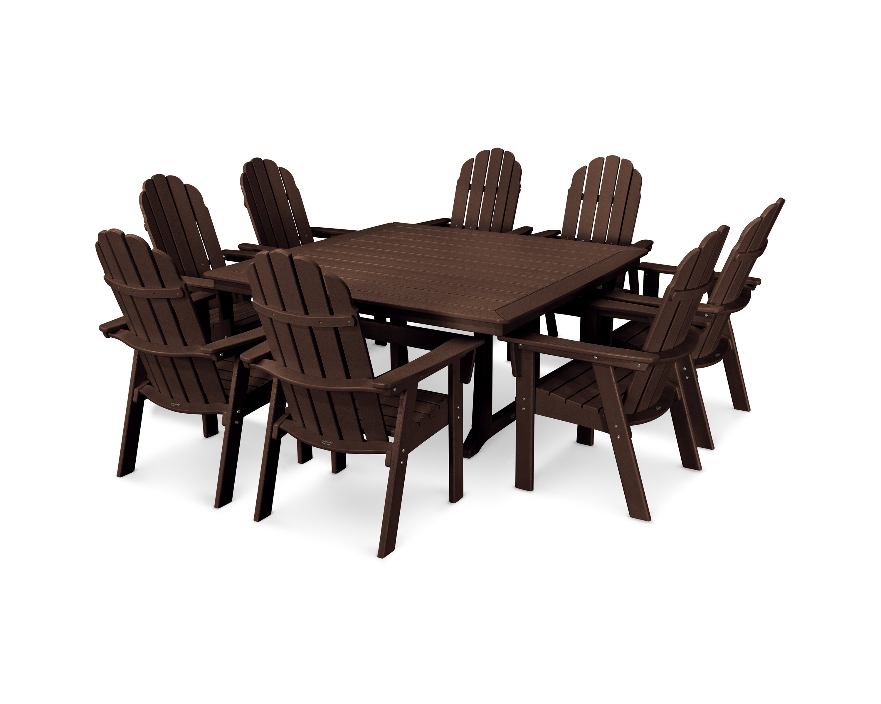 POLYWOOD® Vineyard Curveback Adirondack 9-Piece Nautical Trestle Dining Set in Mahogany