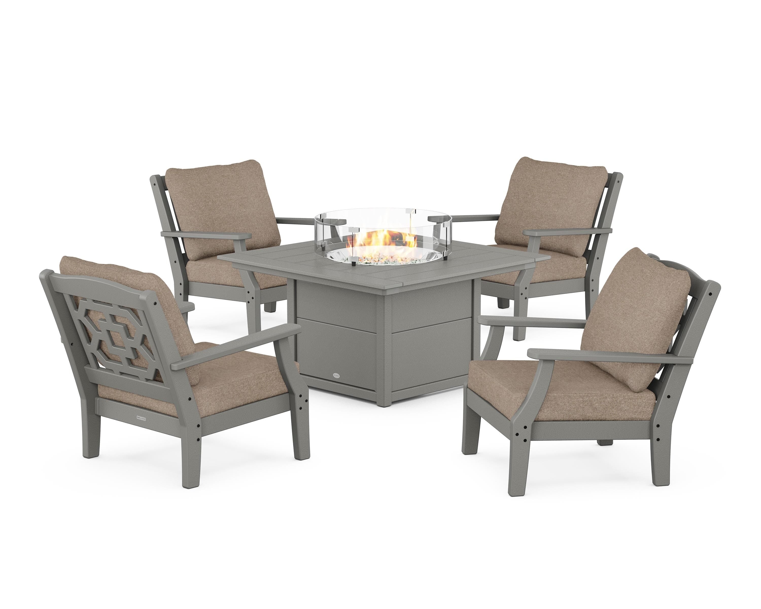 Martha Stewart by POLYWOOD Chinoiserie 5-Piece Deep Seating Set with Fire Pit Table in Slate Grey / Spiced Burlap
