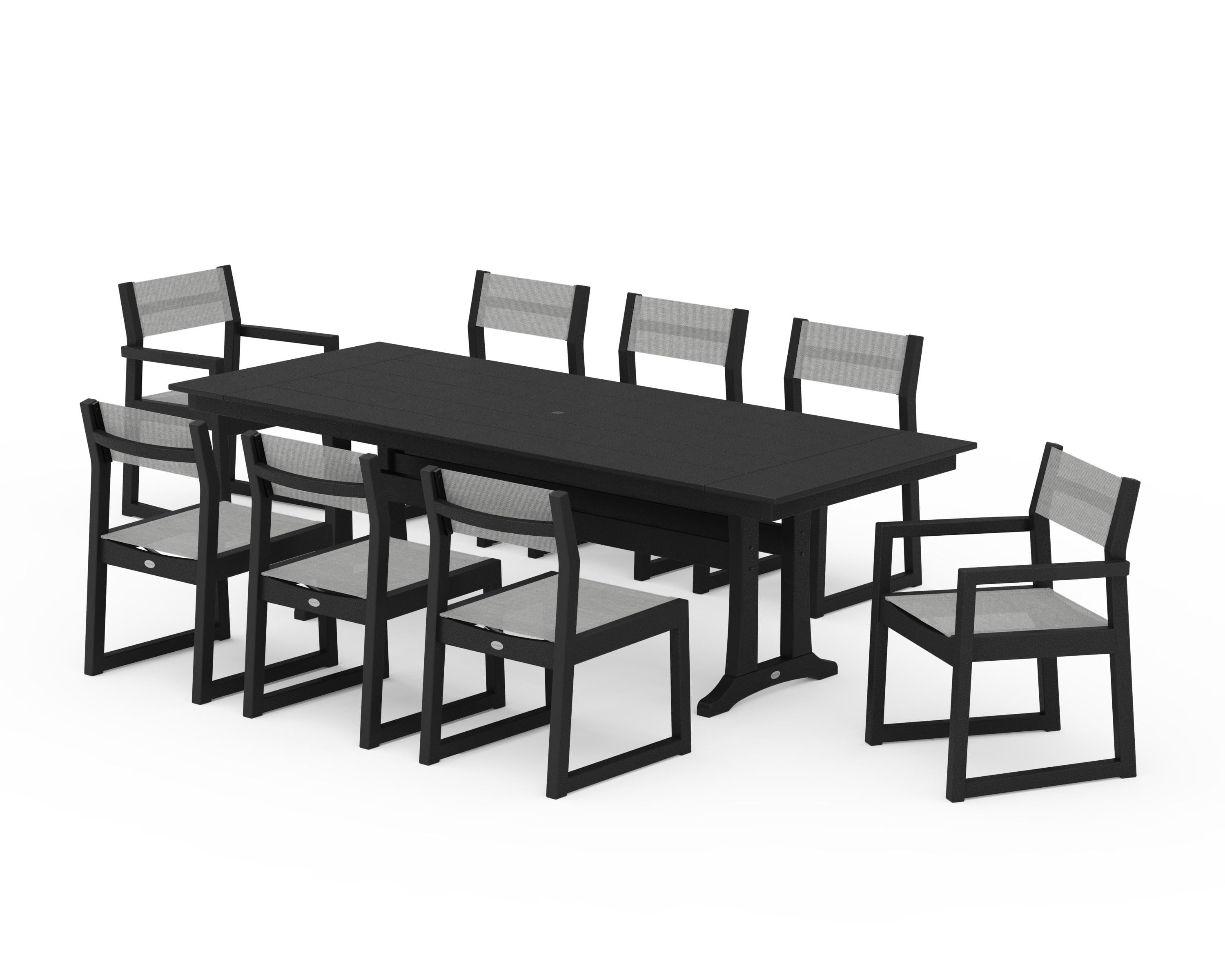 POLYWOOD EDGE Sling 9-Piece Farmhouse Trestle Dining Set in Black / Metallic Sling