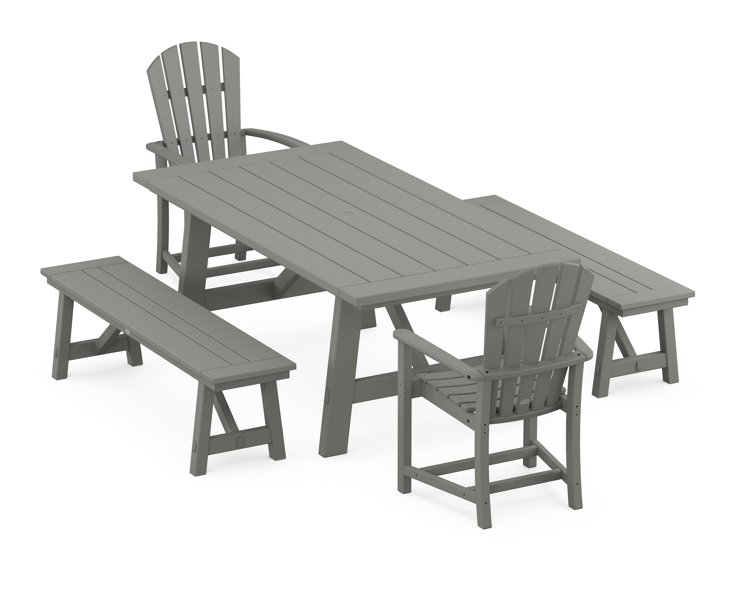 POLYWOOD® Palm Coast 5-Piece Rustic Farmhouse Dining Set With Benches in Slate Grey