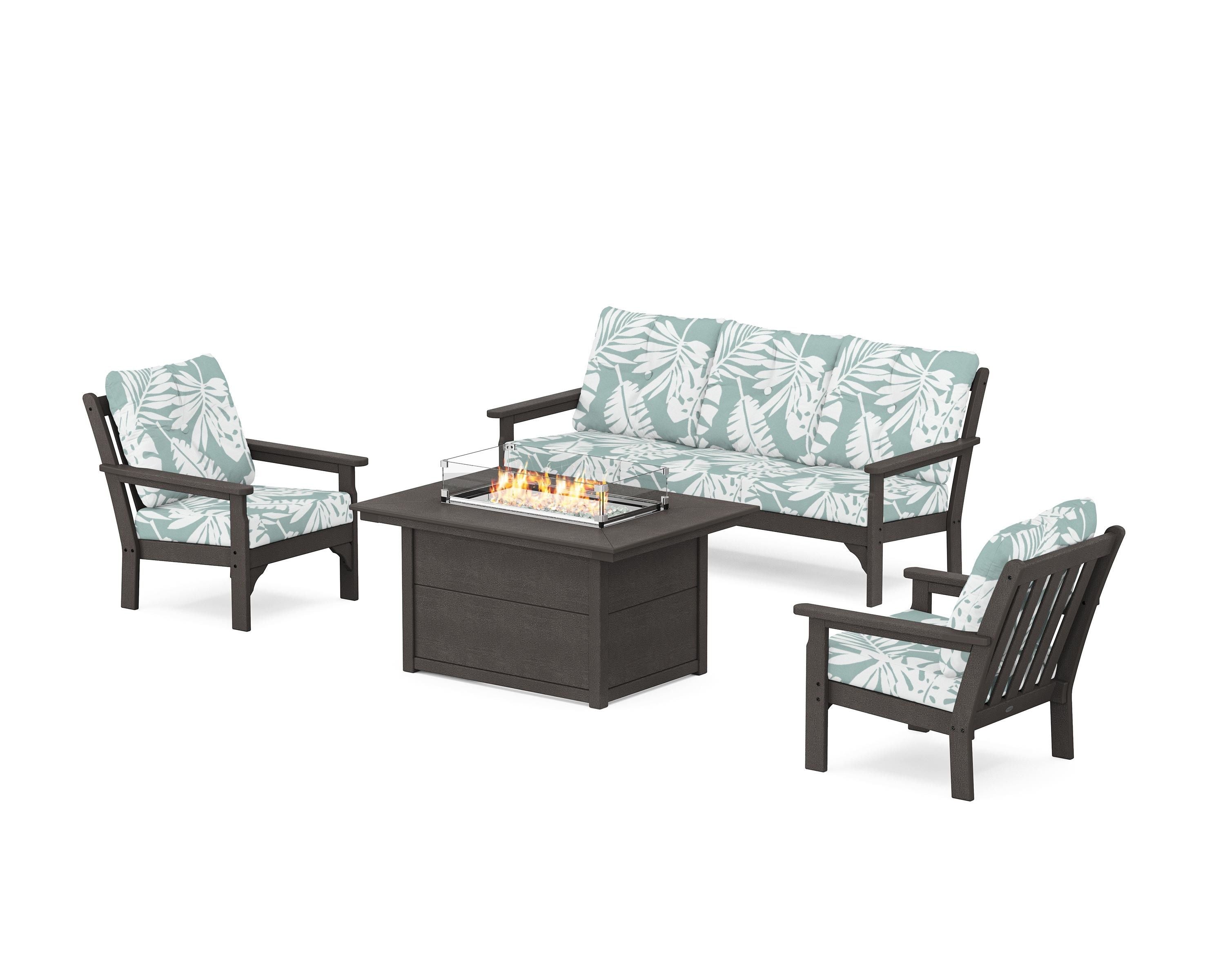POLYWOOD Vineyard Deep Seating Fire Pit Table Set in Vintage Coffee / Leaf Glacier Spa