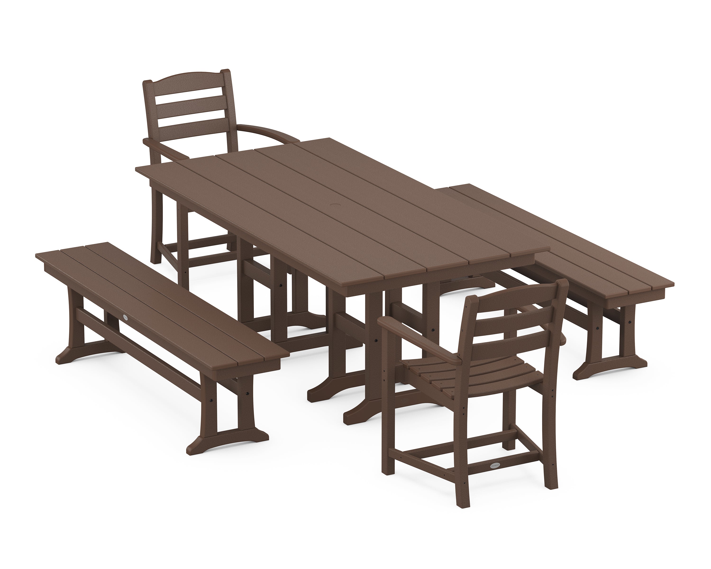 POLYWOOD La Casa Café 5-Piece Farmhouse Dining Set with Benches in Mahogany