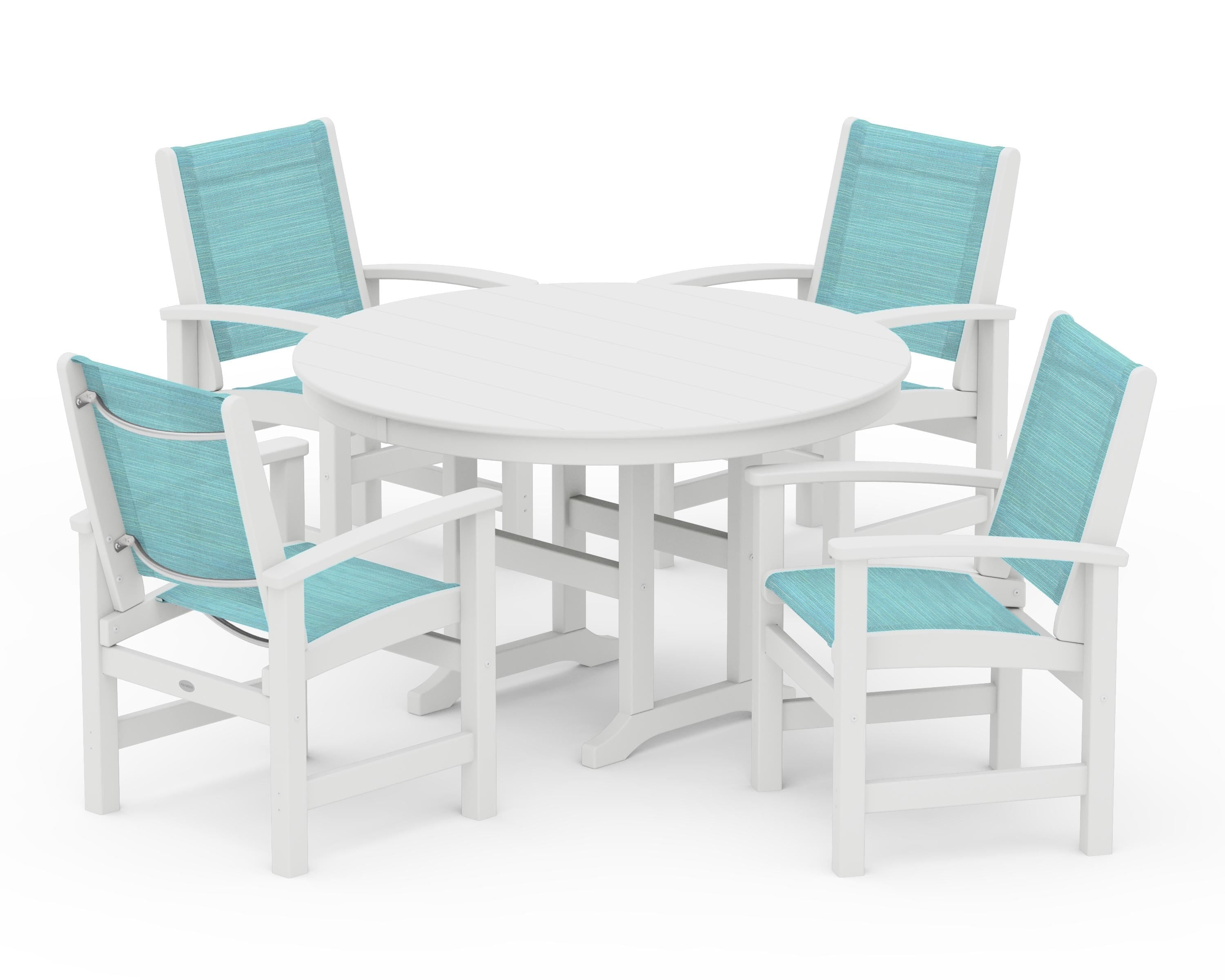 POLYWOOD Coastal 5-Piece Round Farmhouse Dining Set in White / Dupioni Aquamarine Sling