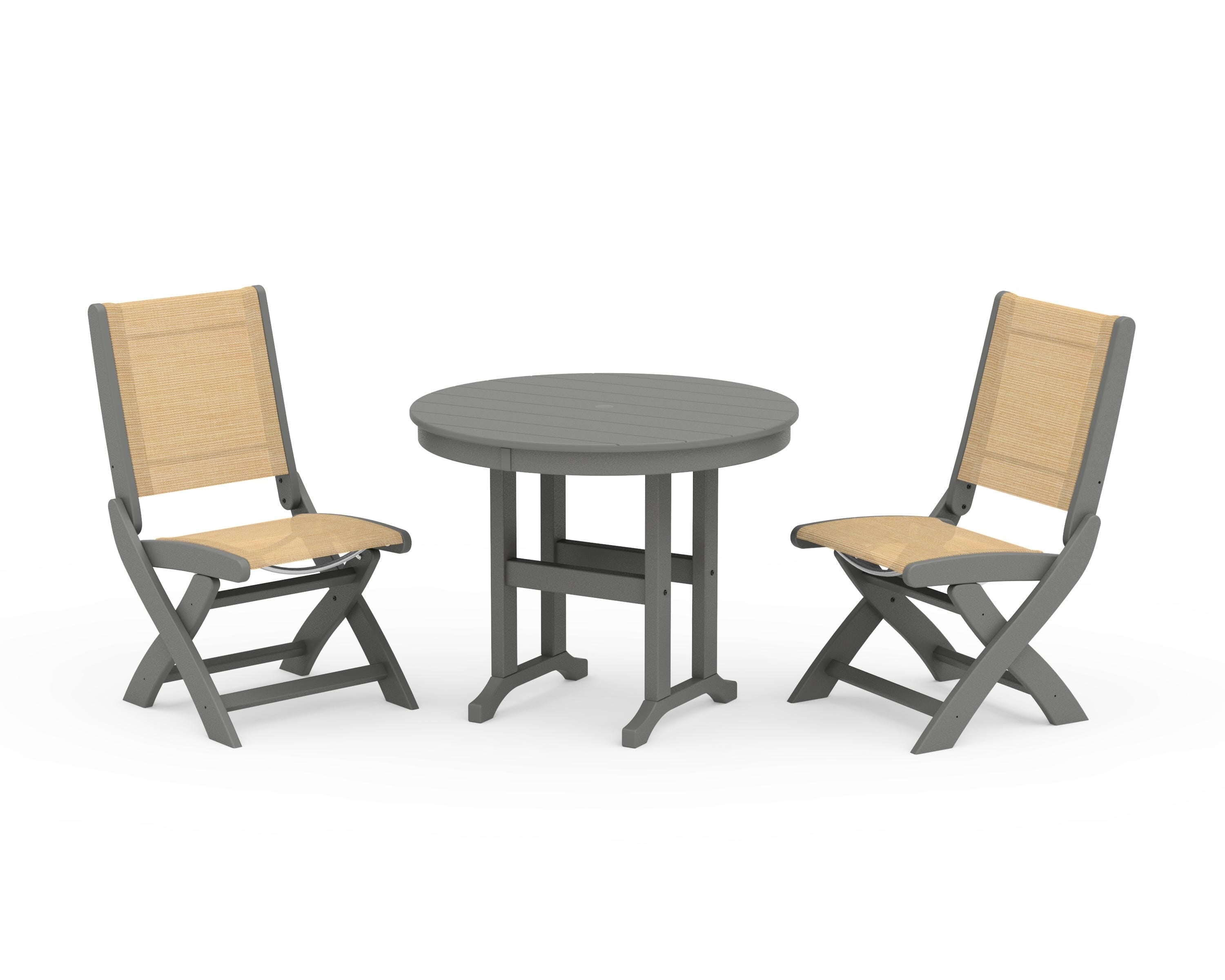 POLYWOOD Coastal Folding Side Chair 3-Piece Round Dining Set in Slate Grey / Dupioni Apricot Sling