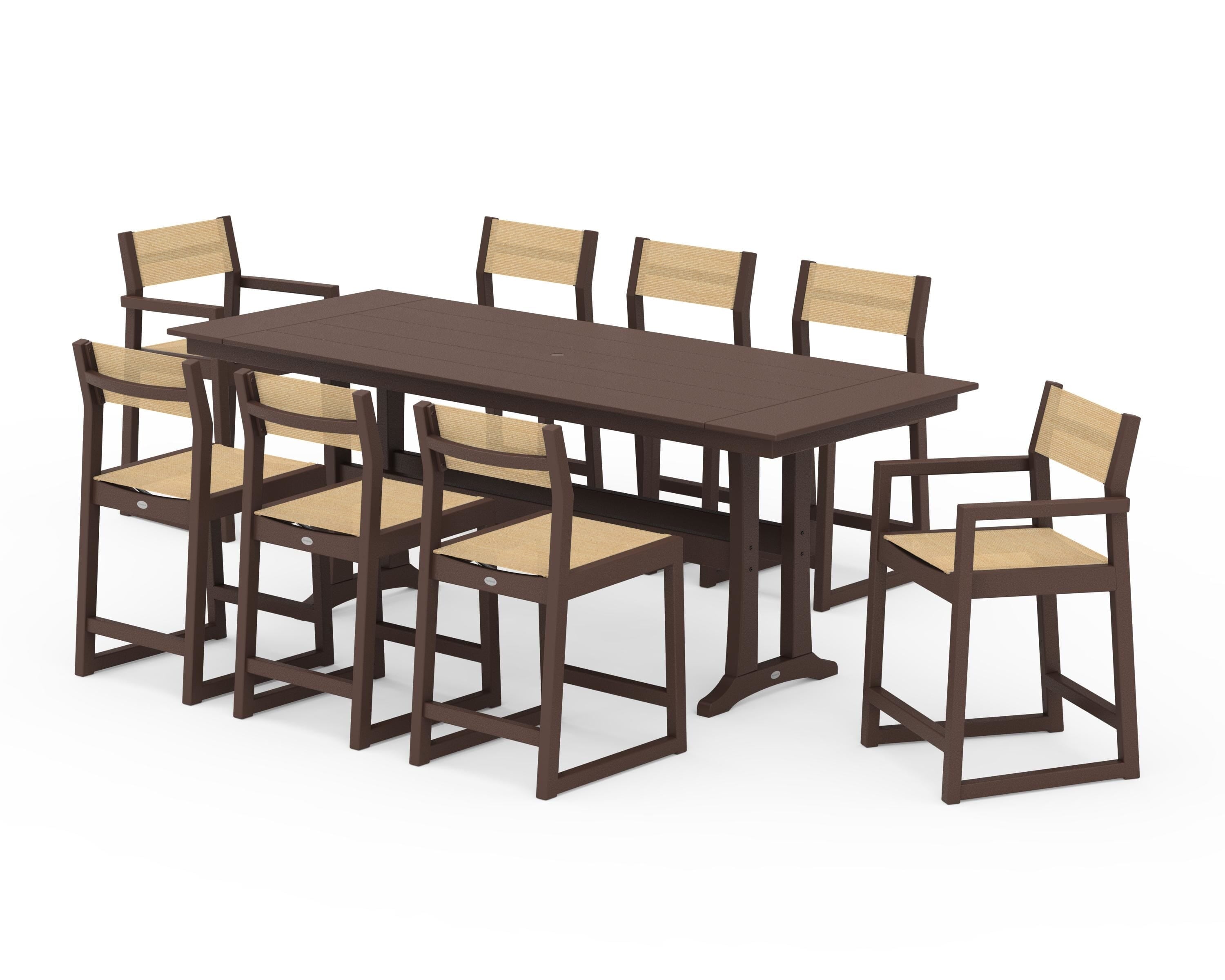 POLYWOOD EDGE Sling 9-Piece Farmhouse Counter Set with Trestle Legs in Mahogany / Dupioni Apricot Sling