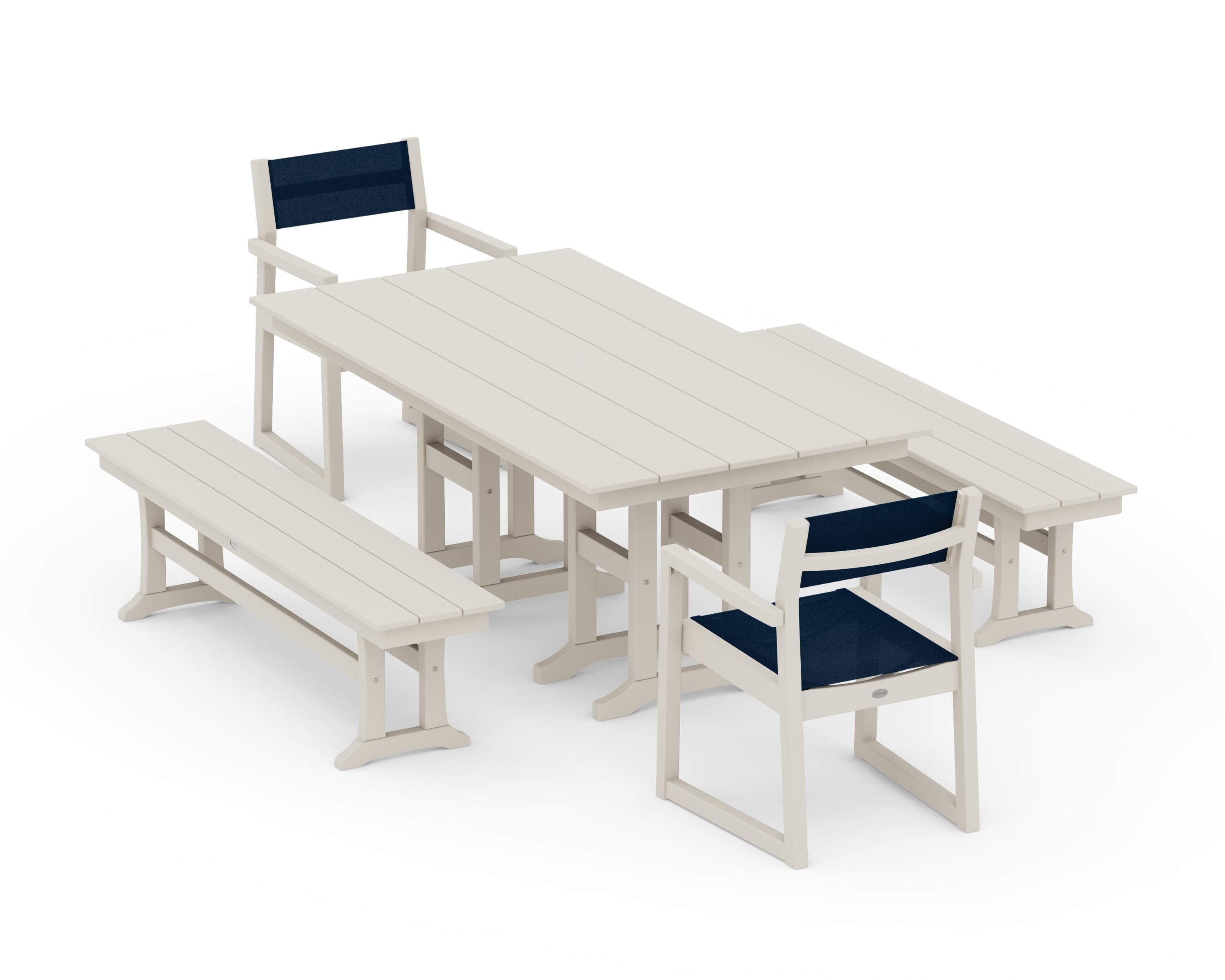 POLYWOOD EDGE Sling Arm Chair 5-Piece Farmhouse Dining Set with Benches in Sand / Navy Blue Sling
