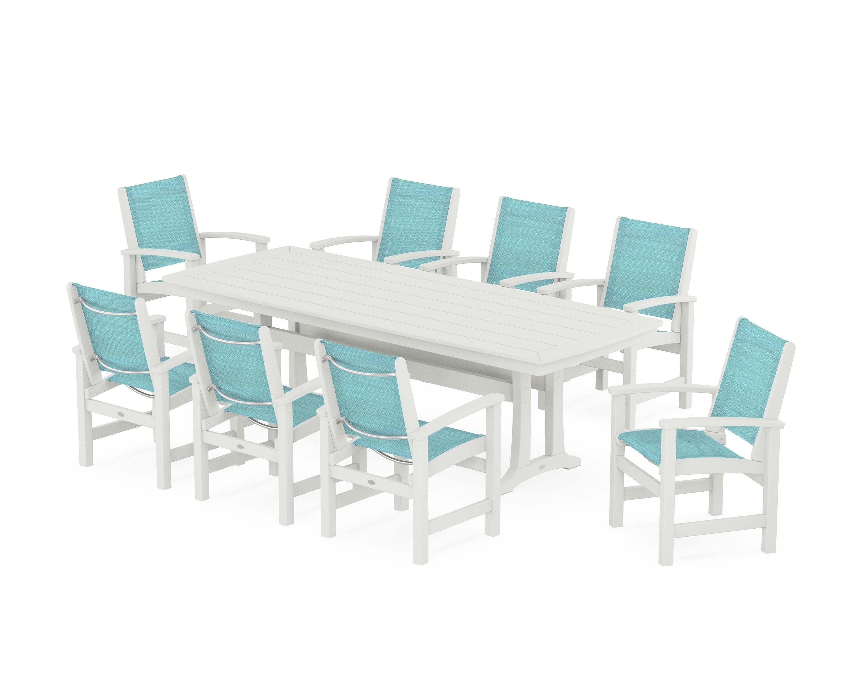 POLYWOOD Coastal 9-Piece Dining Set with Trestle Legs in Vintage White / Dupioni Aquamarine Sling