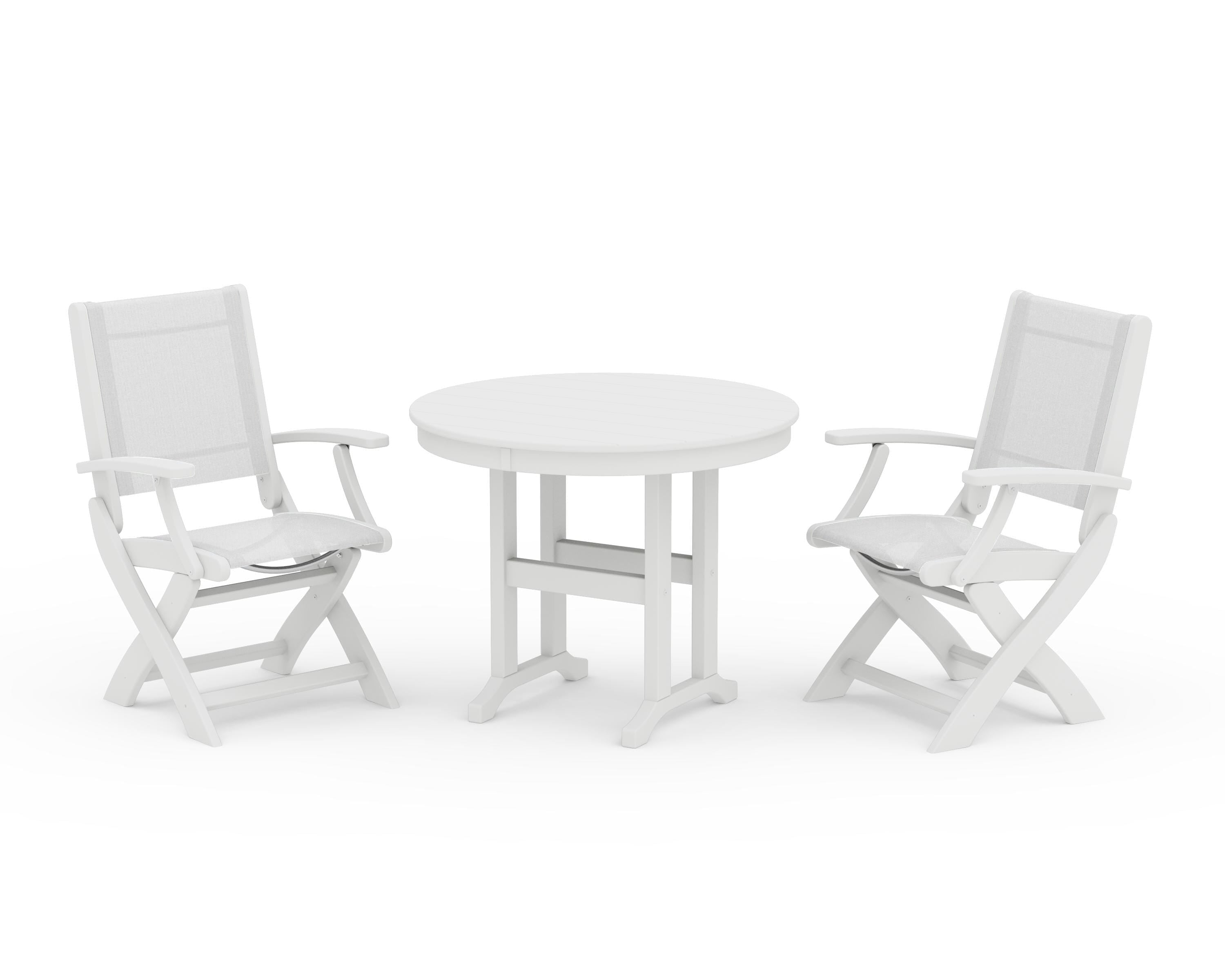 POLYWOOD Coastal Folding Chair 3-Piece Round Dining Set in White / White Sling