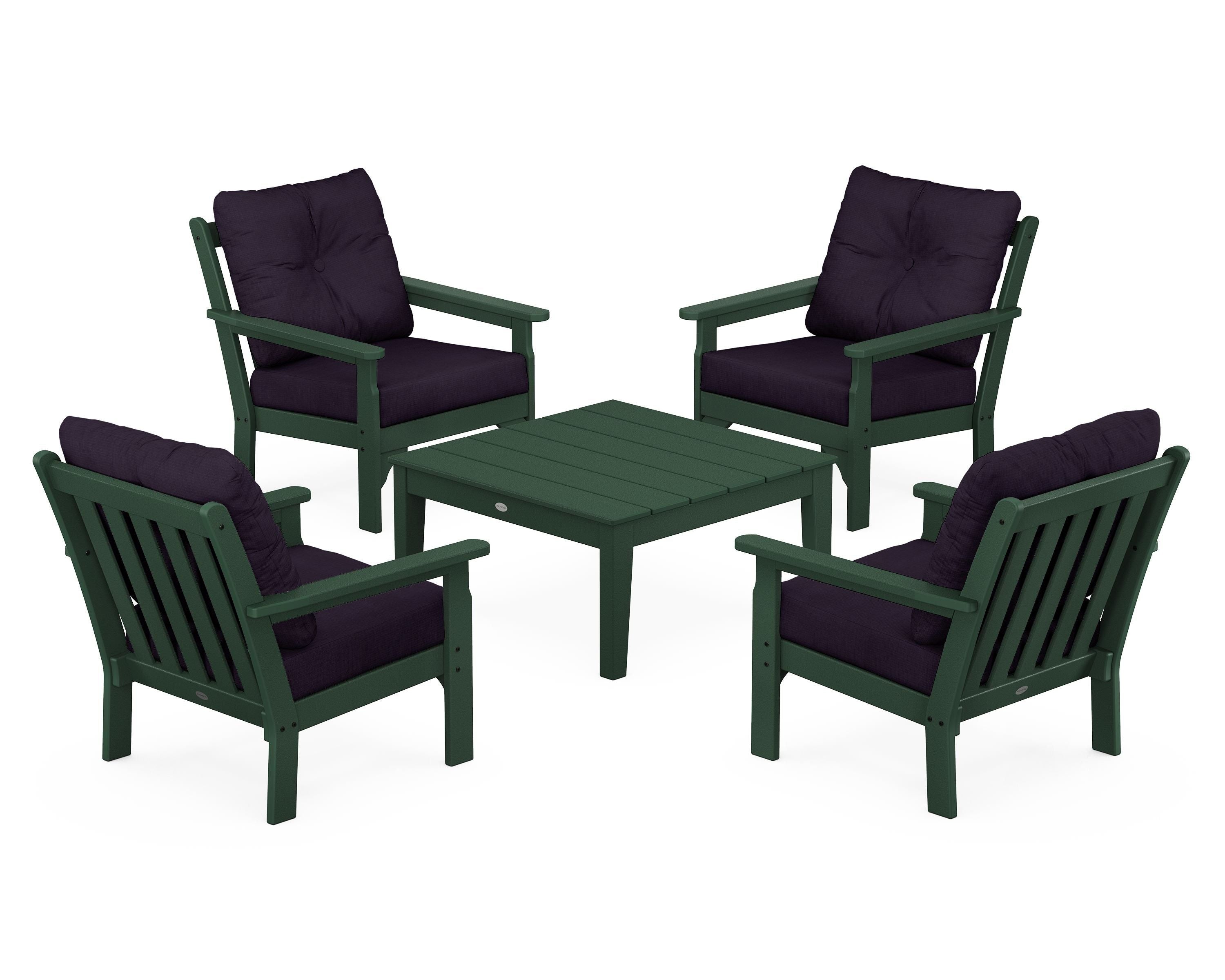 POLYWOOD Vineyard 5-Piece Deep Seating Conversation Set in Green / Navy Linen