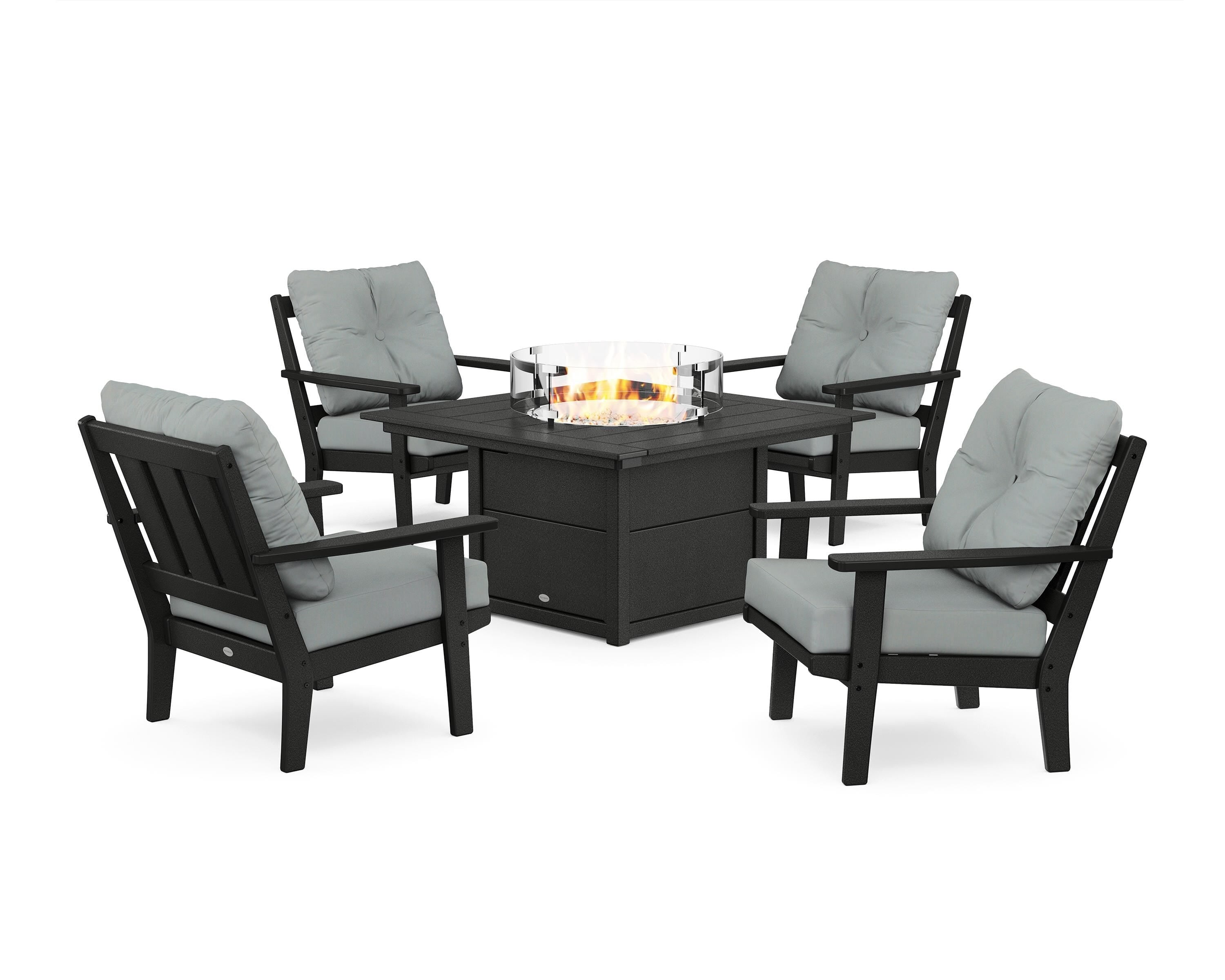 POLYWOOD Oxford 5-Piece Deep Seating Set with Fire Pit Table in Black / Spa