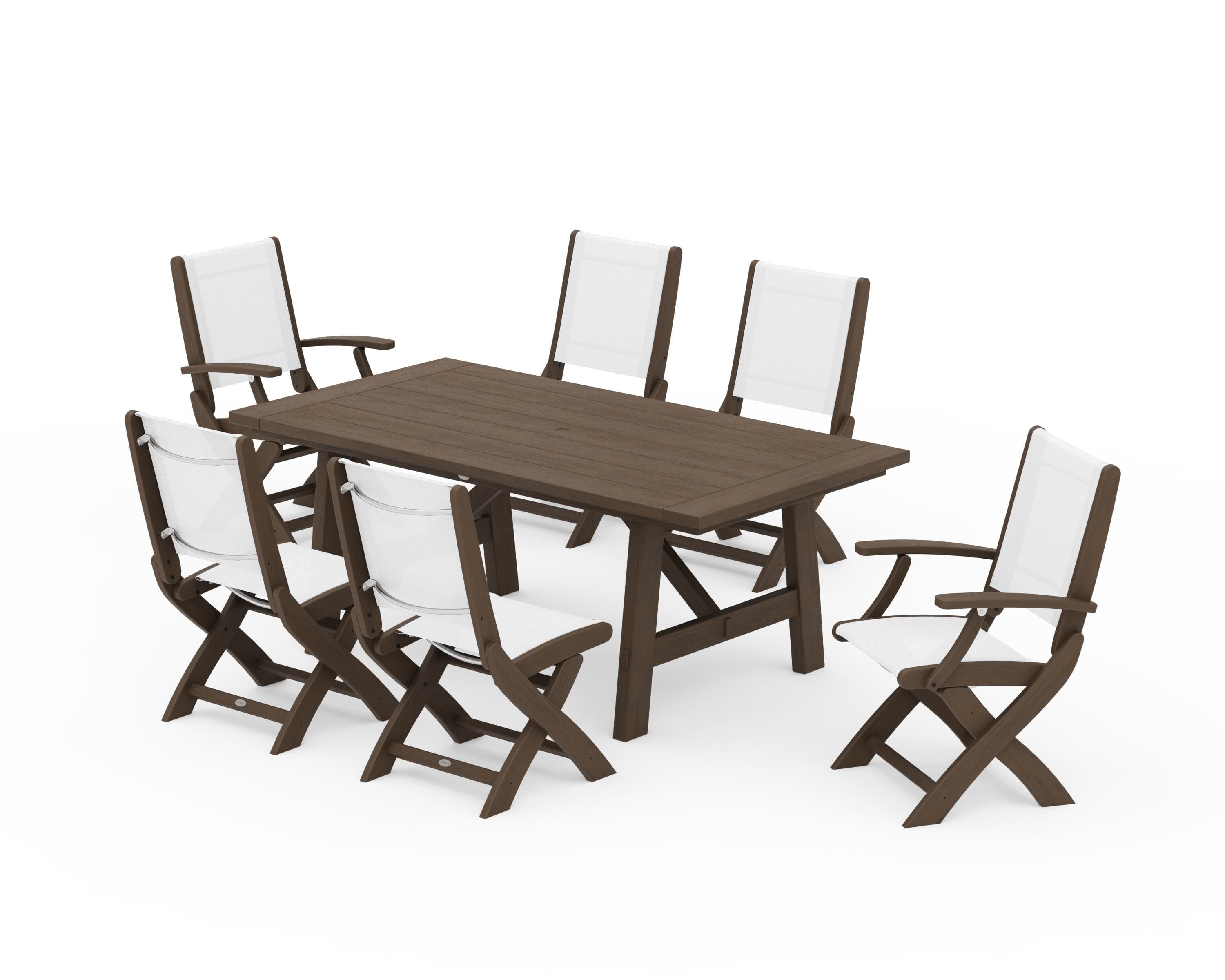 POLYWOOD Coastal Folding Chair 7-Piece Rustic Farmhouse Dining Set in Kona / White Sling