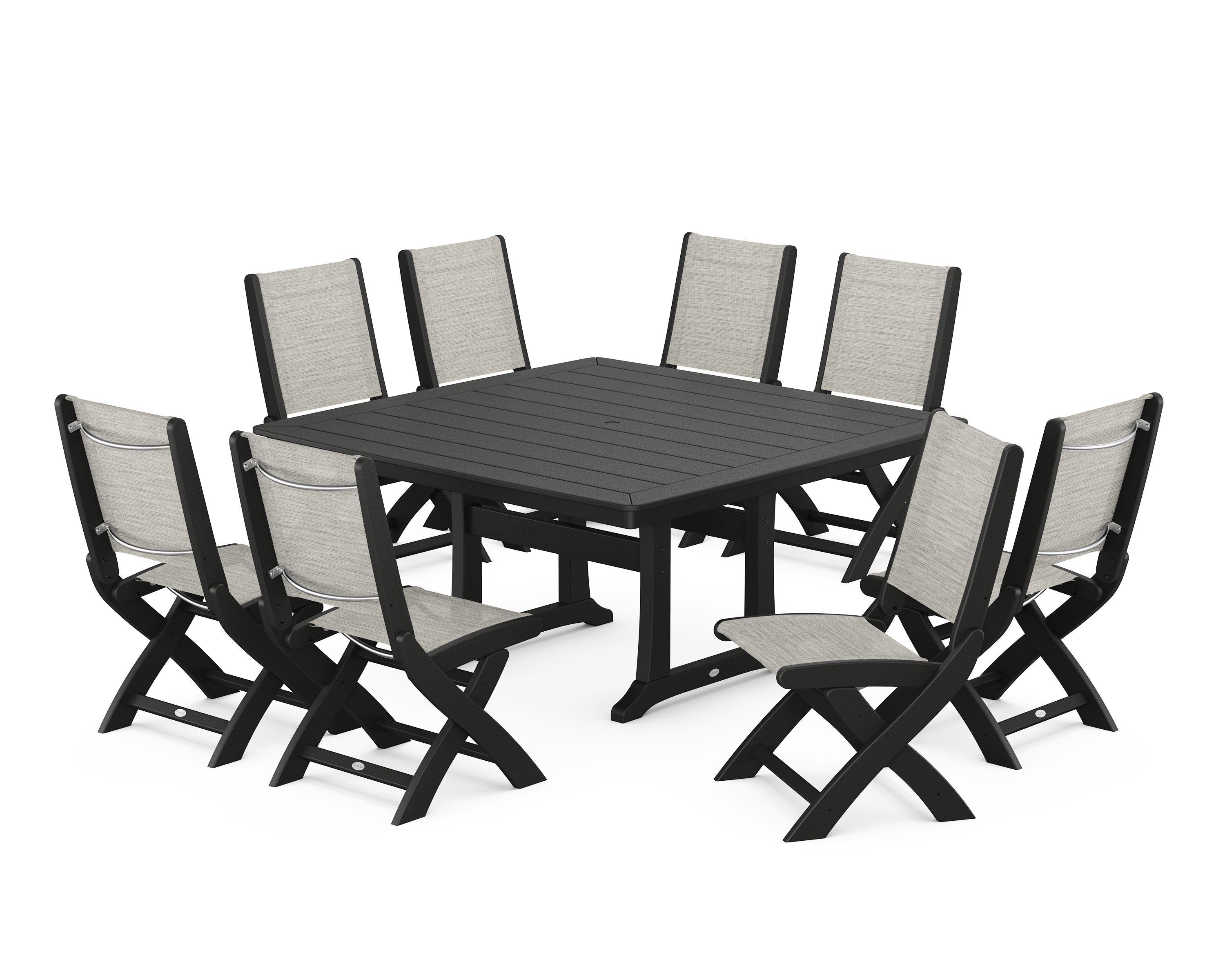 POLYWOOD Coastal Folding Side Chair 9-Piece Dining Set with Trestle Legs in Black / Birch Sling