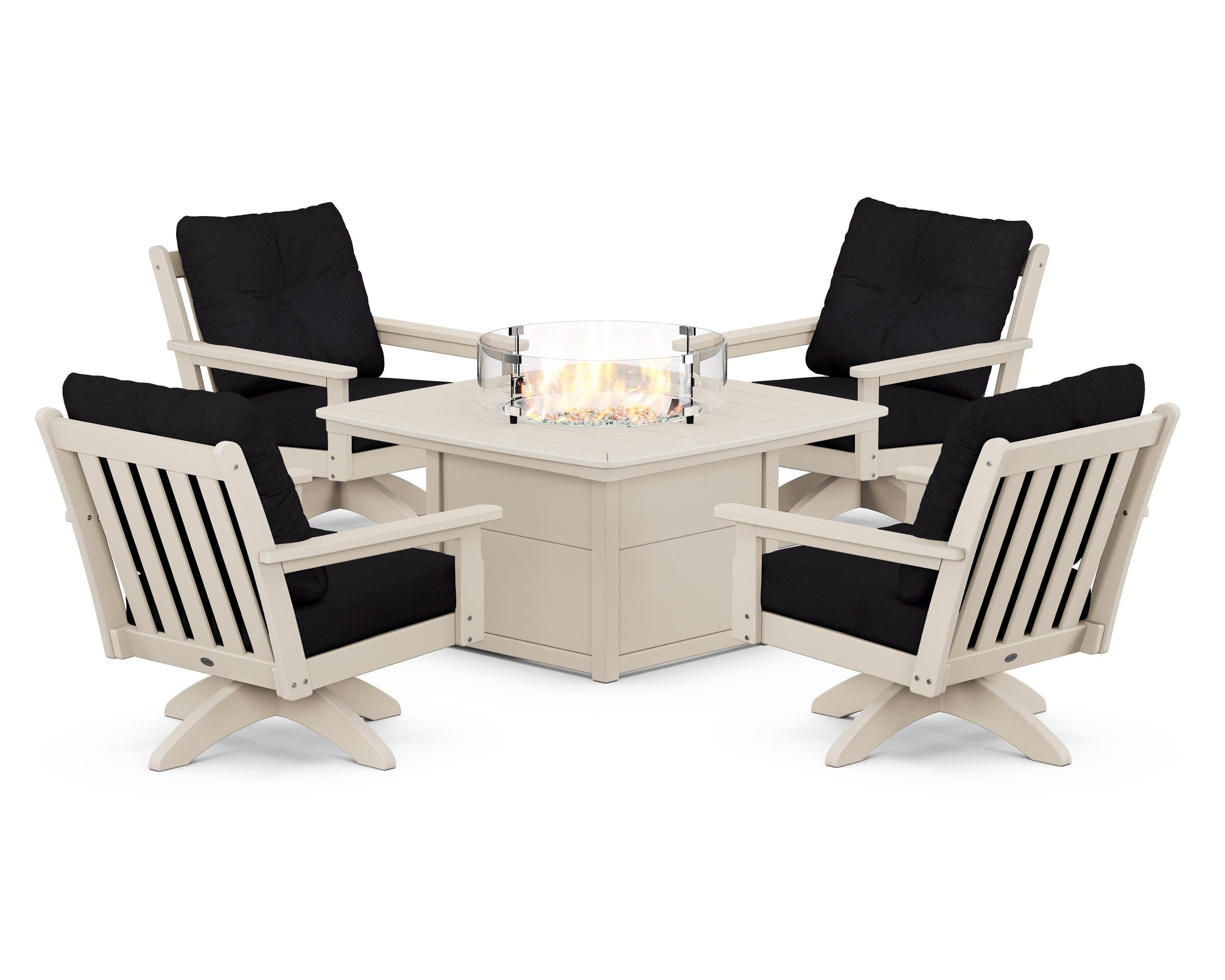 POLYWOOD Vineyard 5-Piece Deep Seating Swivel Conversation Set with Fire Pit Table in Sand / Midnight Linen