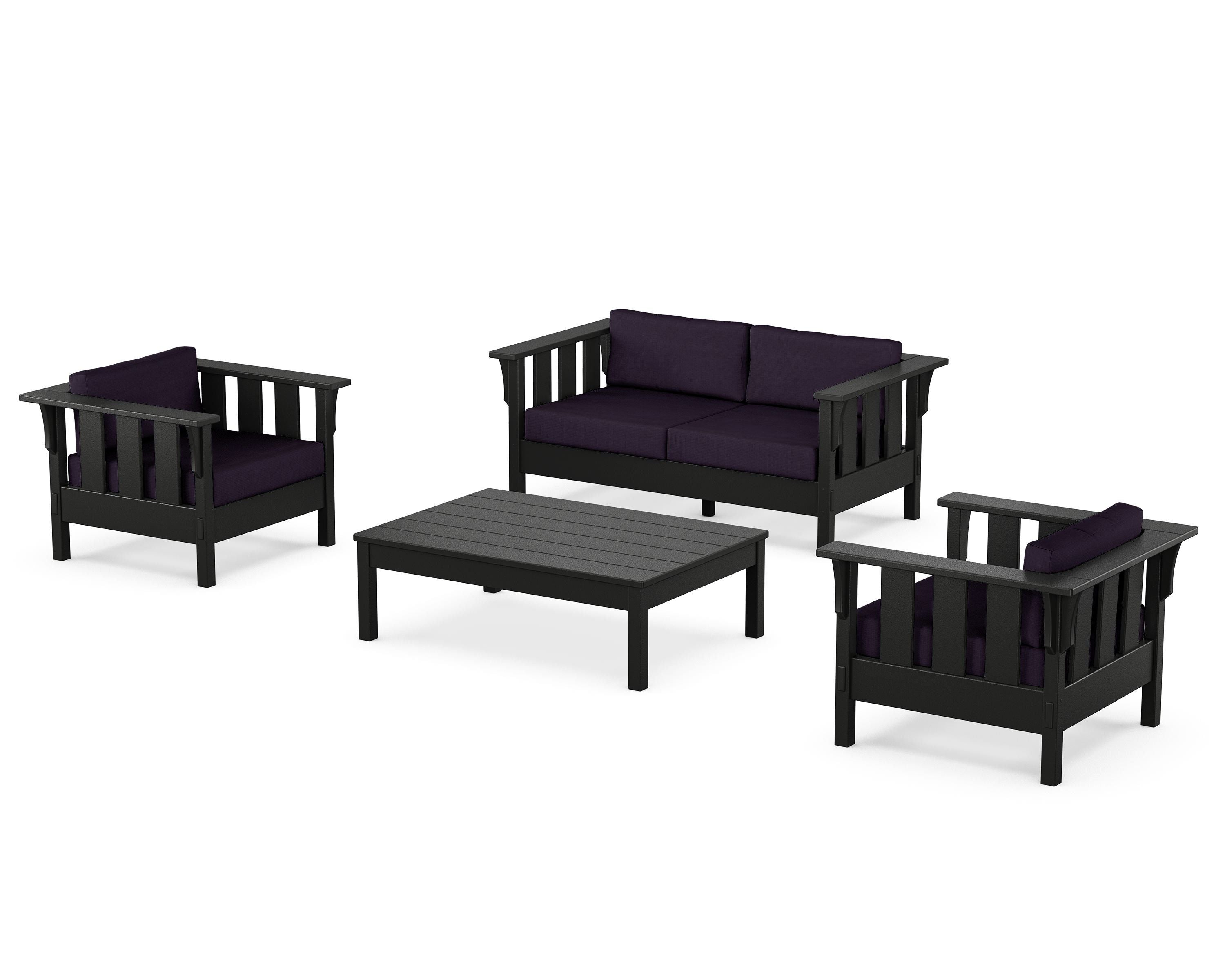 Martha Stewart by POLYWOOD Acadia 4-Piece Deep Seating Set with Loveseat in Black / Navy Linen