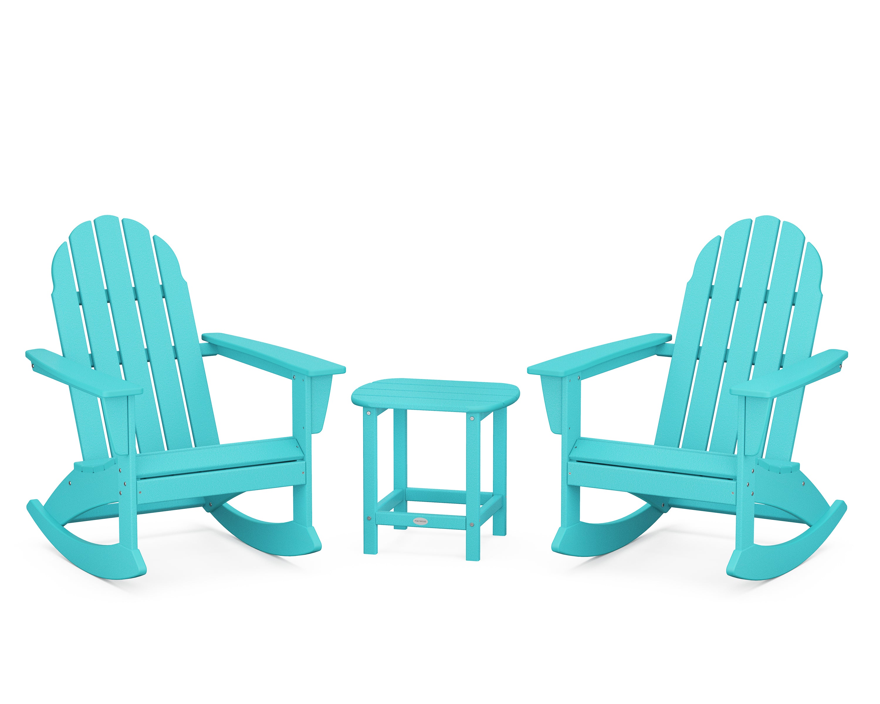 POLYWOOD® Vineyard 3-Piece Adirondack Rocking Chair Set with South Beach 18" Side Table in Aruba