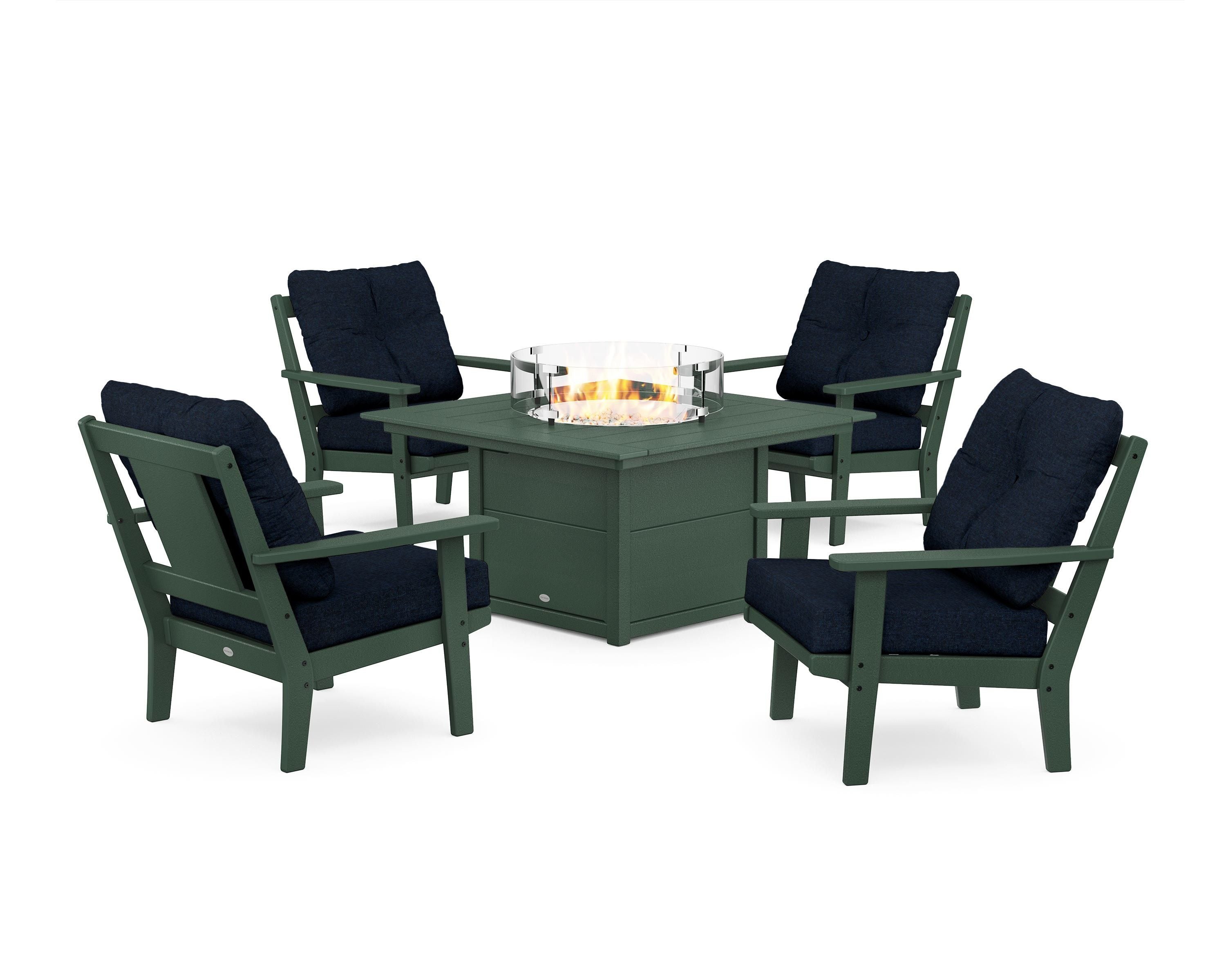 POLYWOOD Prairie 5-Piece Deep Seating Set with Fire Pit Table in Green / Marine Indigo