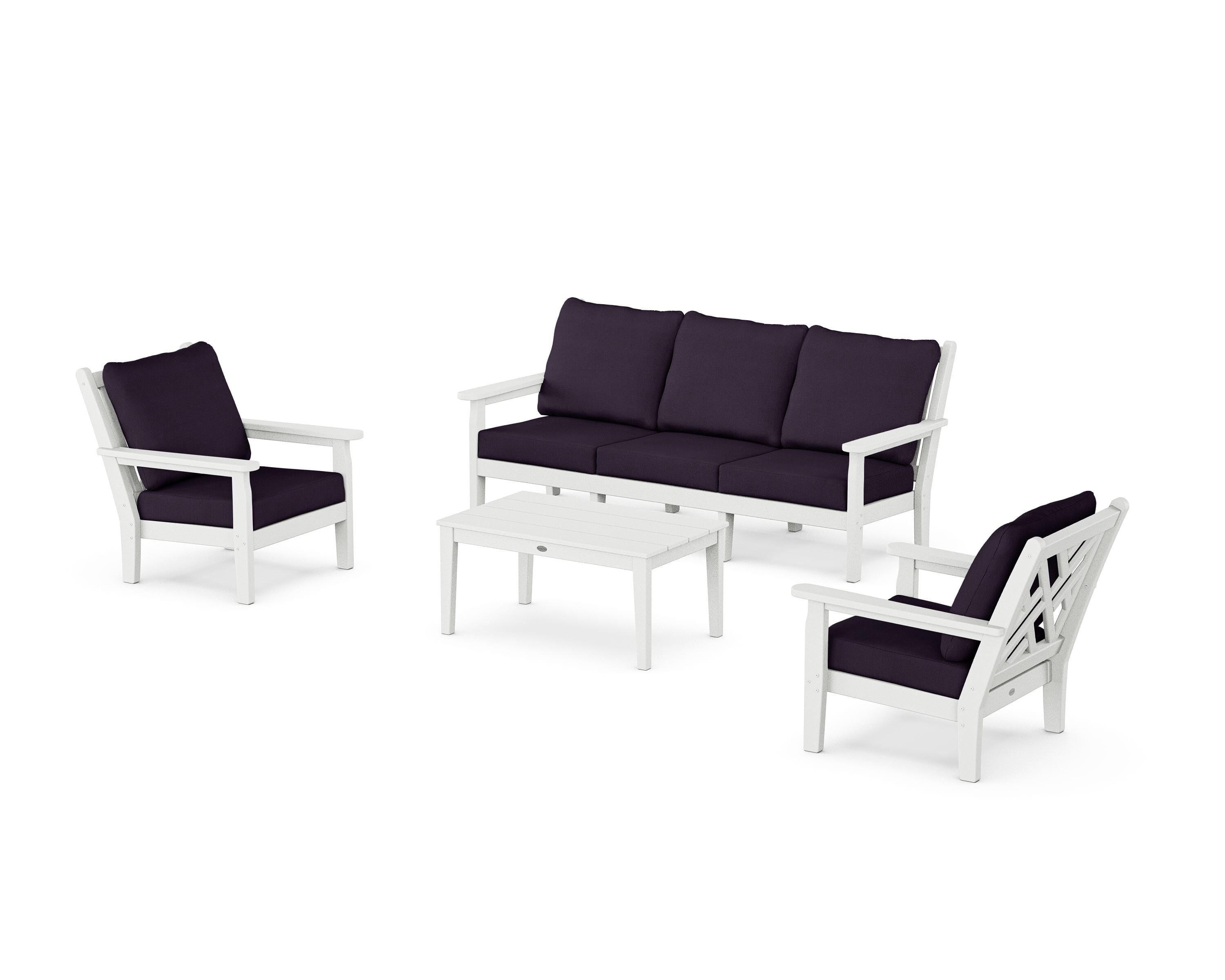 POLYWOOD Chippendale 4-Piece Deep Seating Set with Sofa in White / Navy Linen