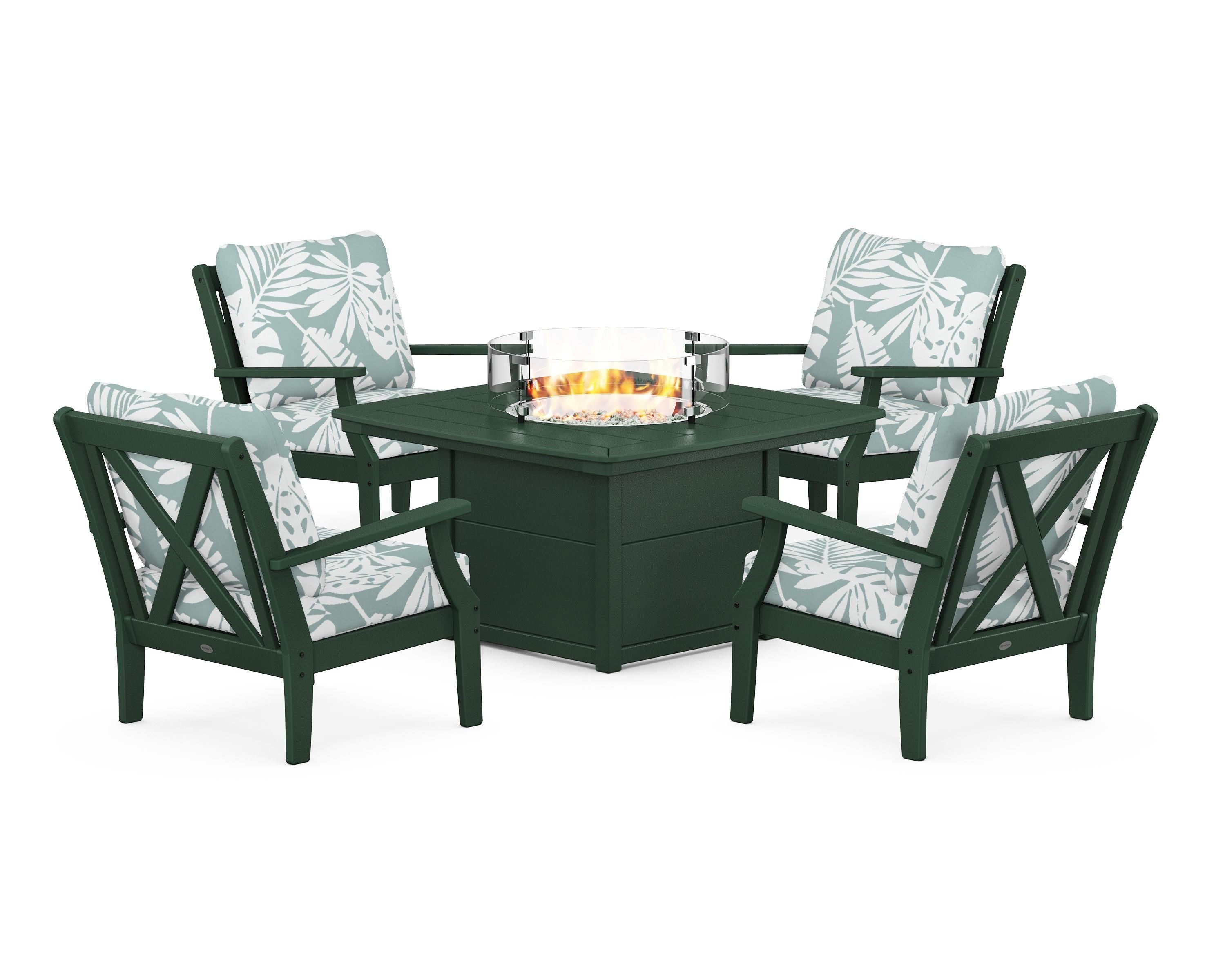 POLYWOOD Braxton 5-Piece Deep Seating Conversation Set with Fire Pit Table in Green / Leaf Glacier Spa