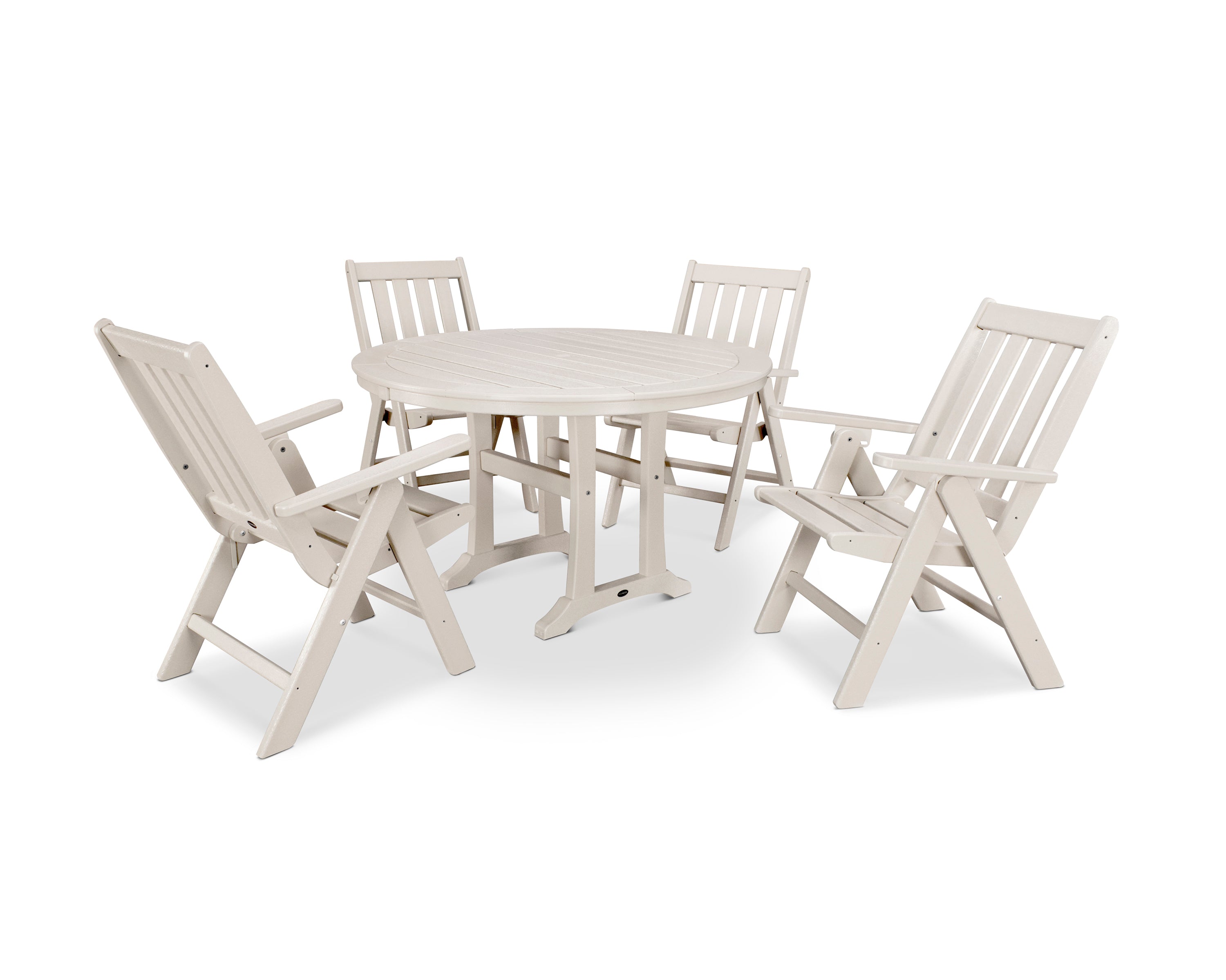 POLYWOOD® Vineyard Folding Chair 5-Piece Round Dining Set with Trestle Legs in Sand