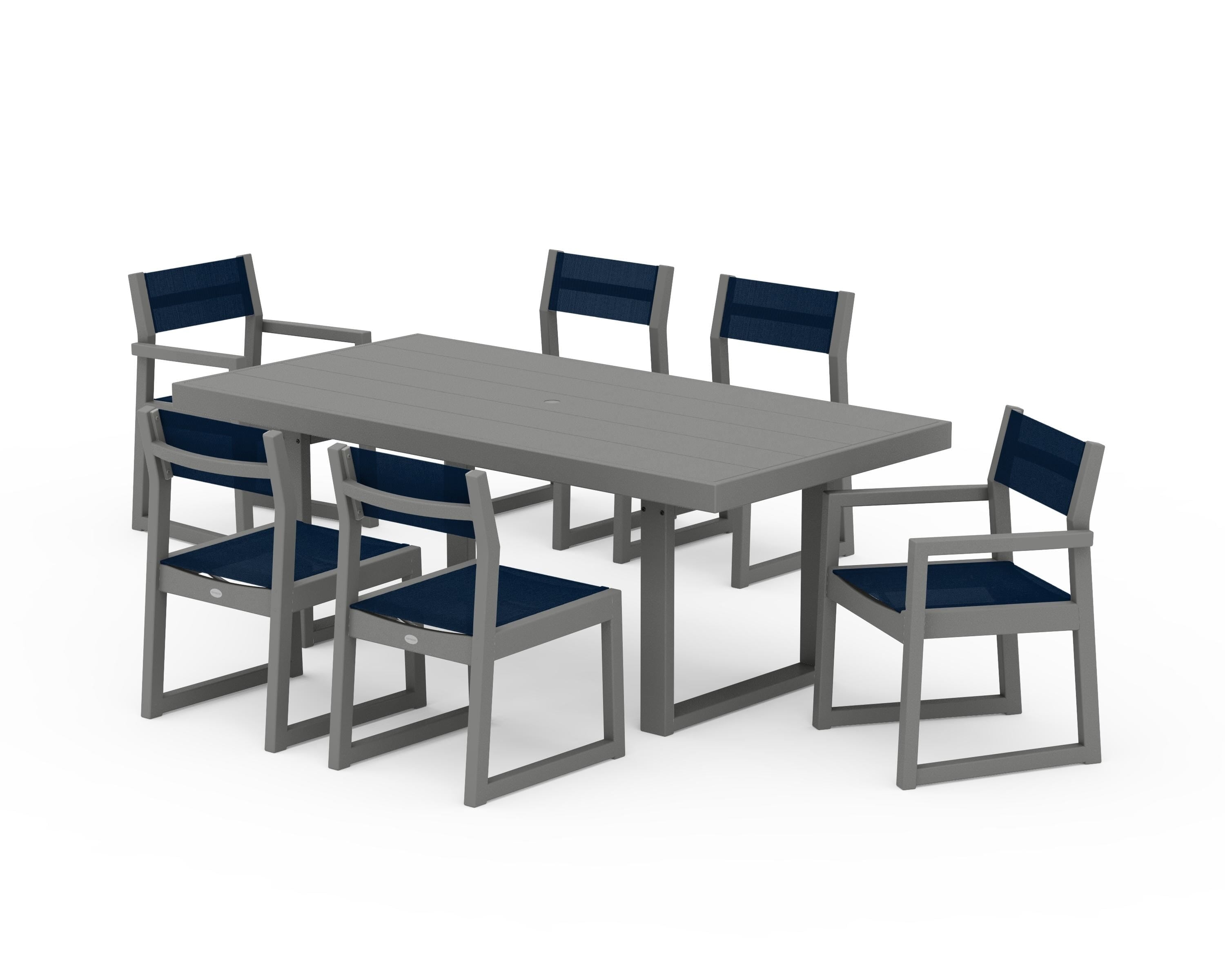 POLYWOOD EDGE Sling 7-Piece Dining Set in Slate Grey / Navy Blue Sling