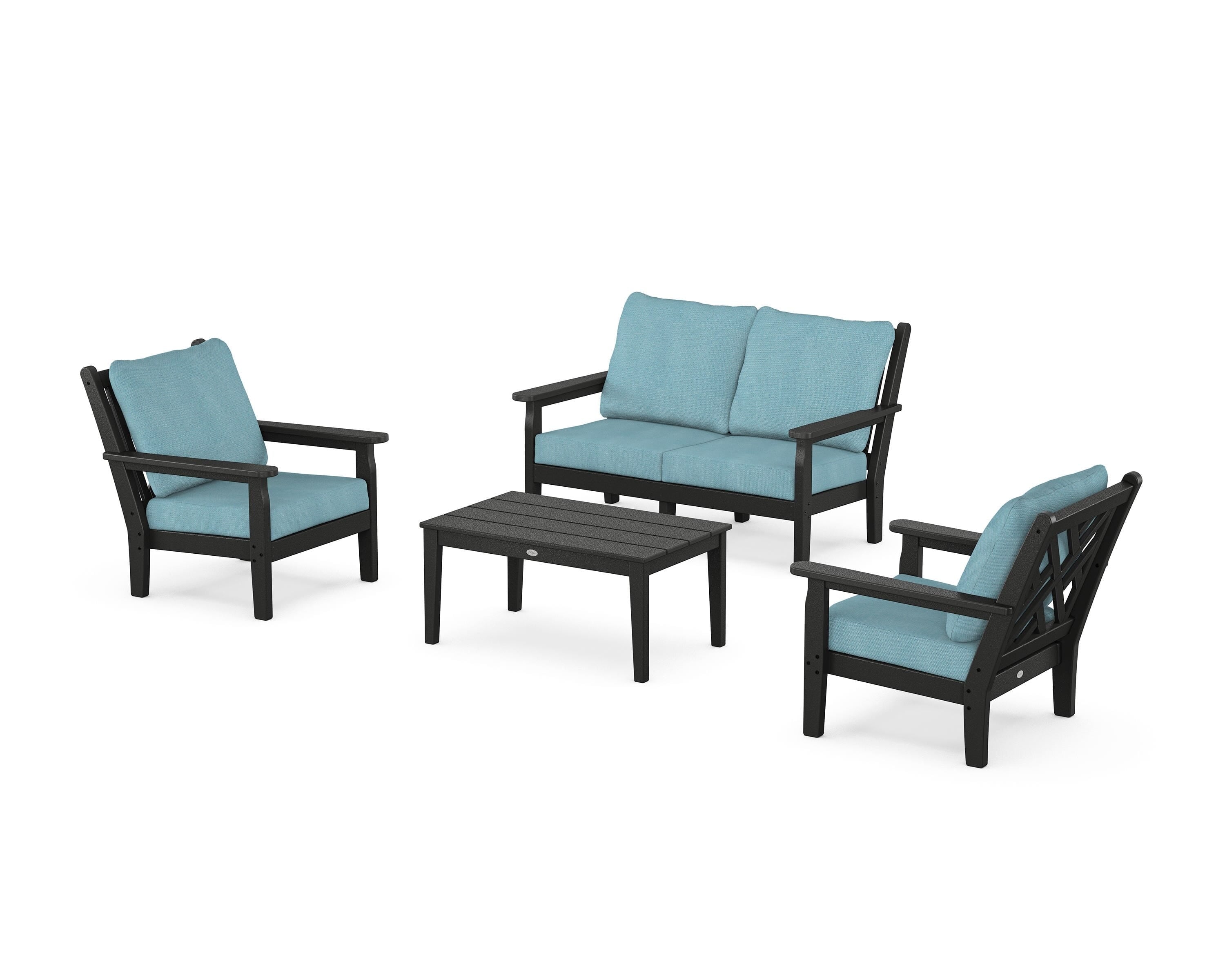 POLYWOOD Chippendale 4-Piece Deep Seating Set with Loveseat in Black / Lattice Sky Blue