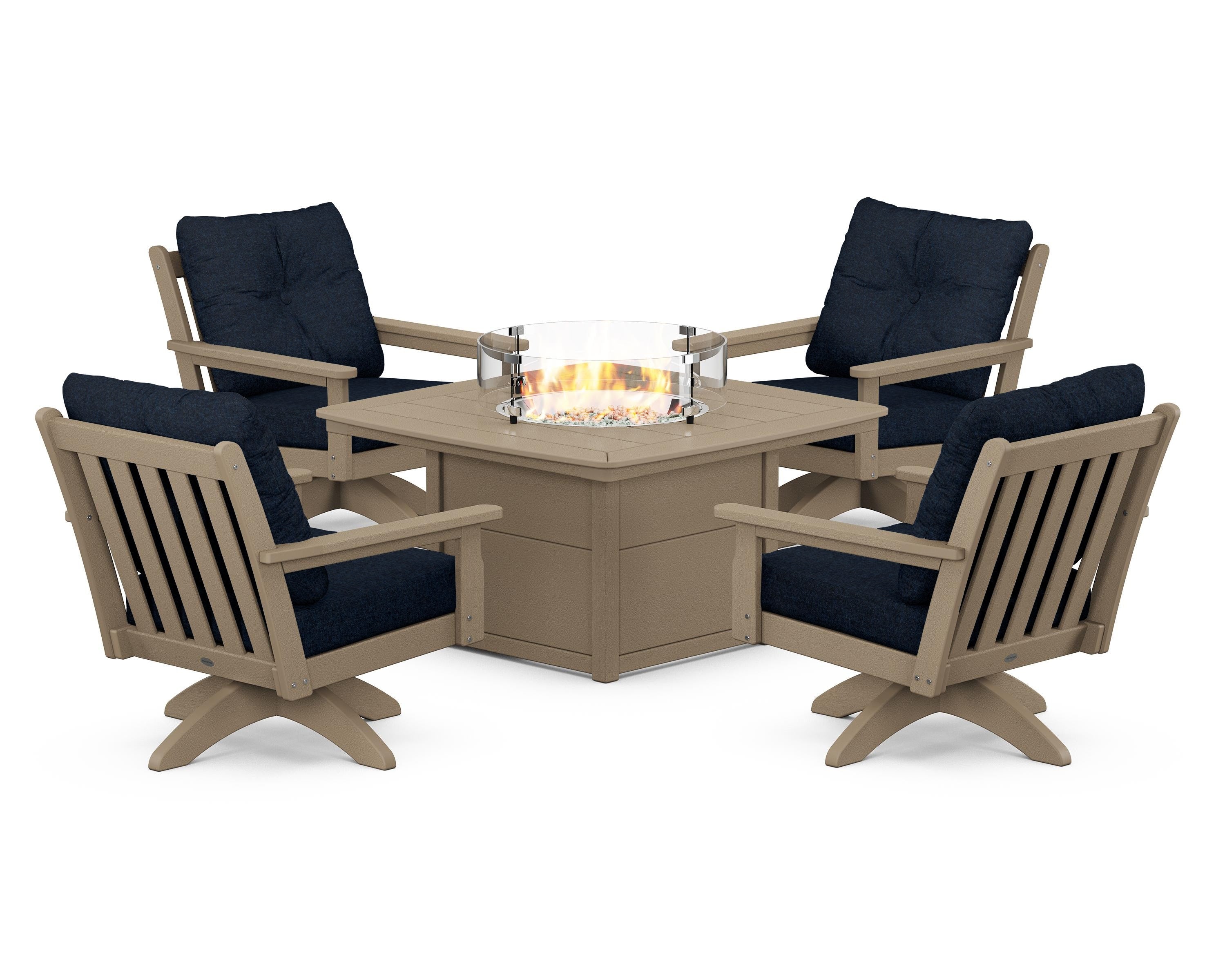 POLYWOOD Vineyard 5-Piece Deep Seating Swivel Conversation Set with Fire Pit Table in Vintage Sahara / Marine Indigo