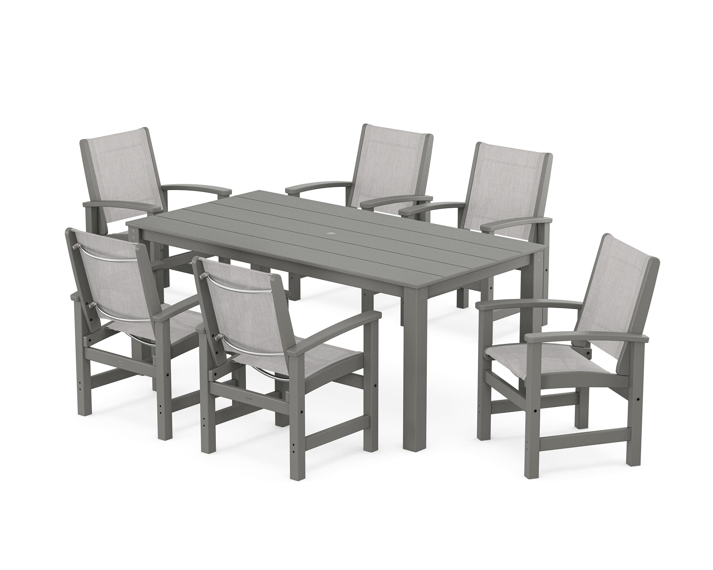 POLYWOOD Coastal 7-Piece Parsons Dining Set in White / Dupioni Sea Mist Sling