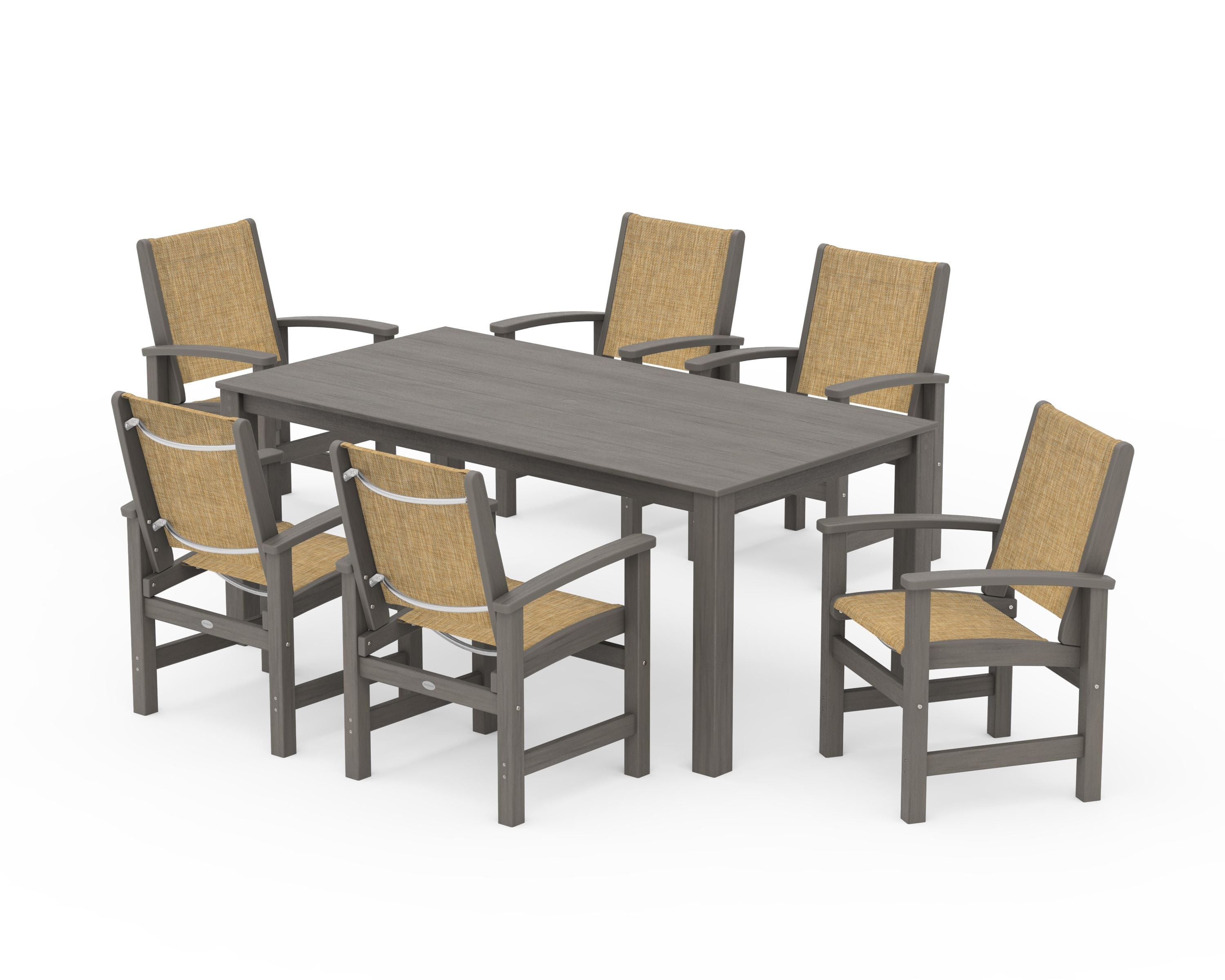 POLYWOOD Coastal 7-Piece Parsons Dining Set in Driftwood / Burlap Sling