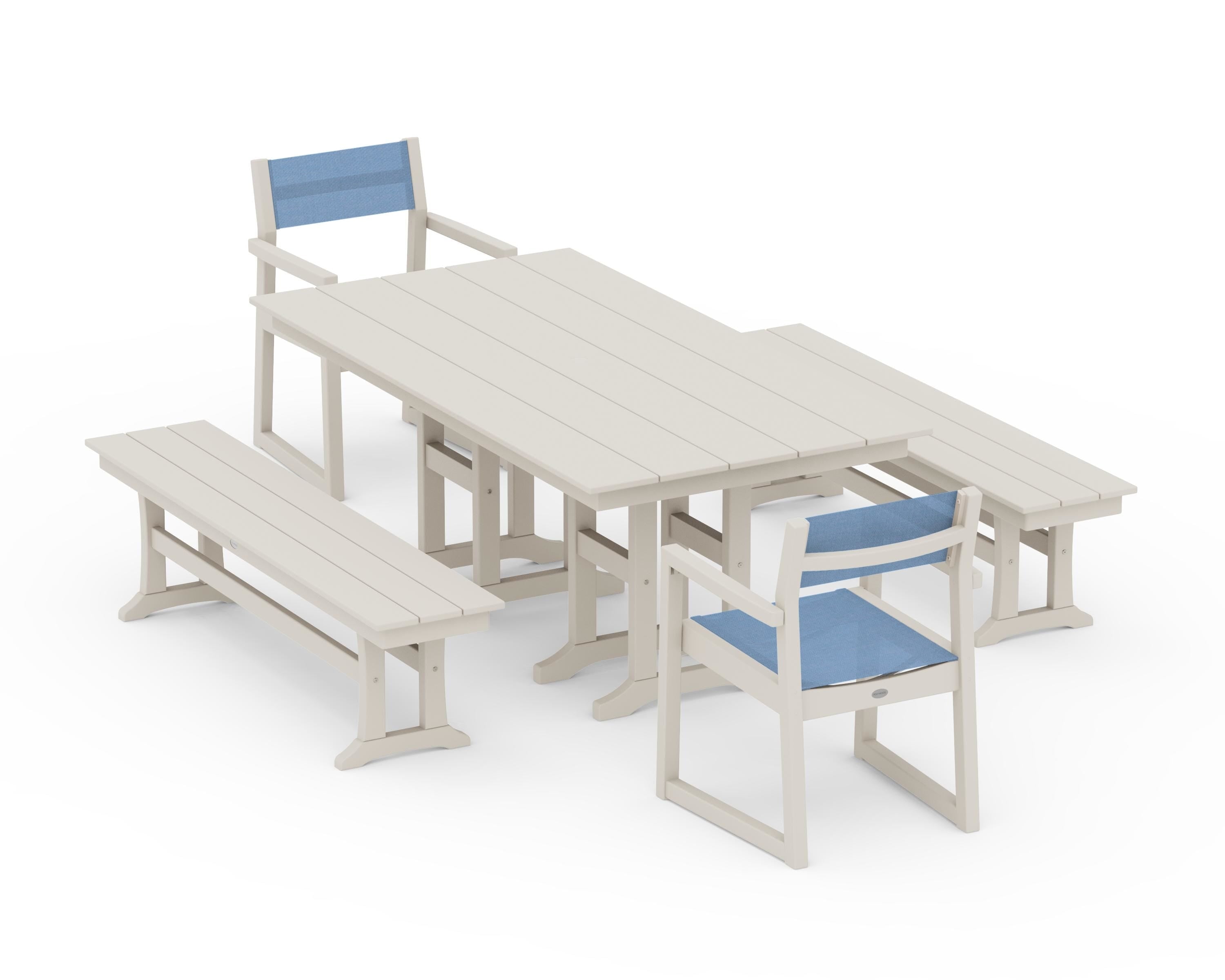 POLYWOOD EDGE Sling Arm Chair 5-Piece Farmhouse Dining Set with Benches in Sand / Poolside Sling