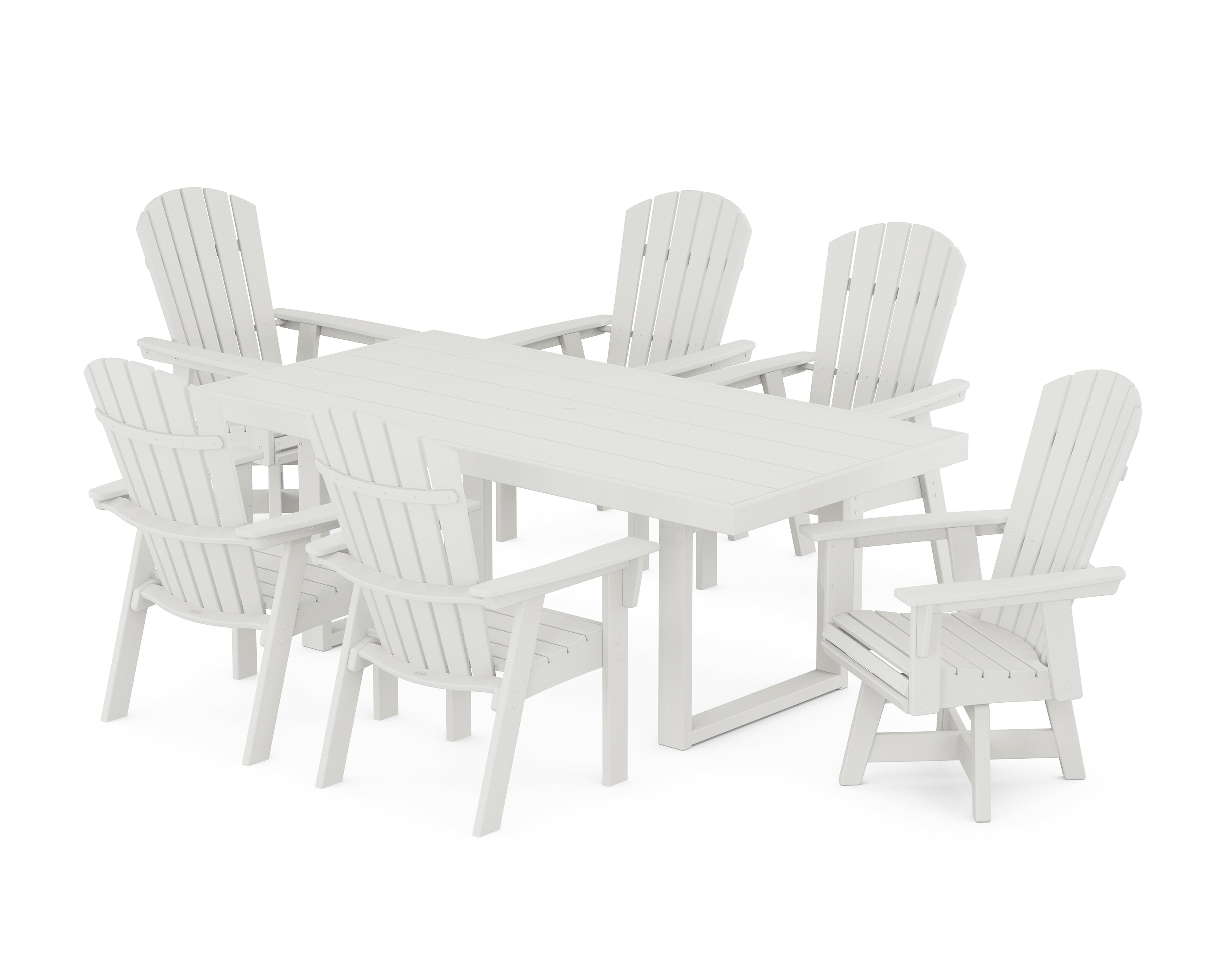 POLYWOOD® Nautical Curveback Adirondack Swivel Chair 7-Piece Dining Set in Vintage White