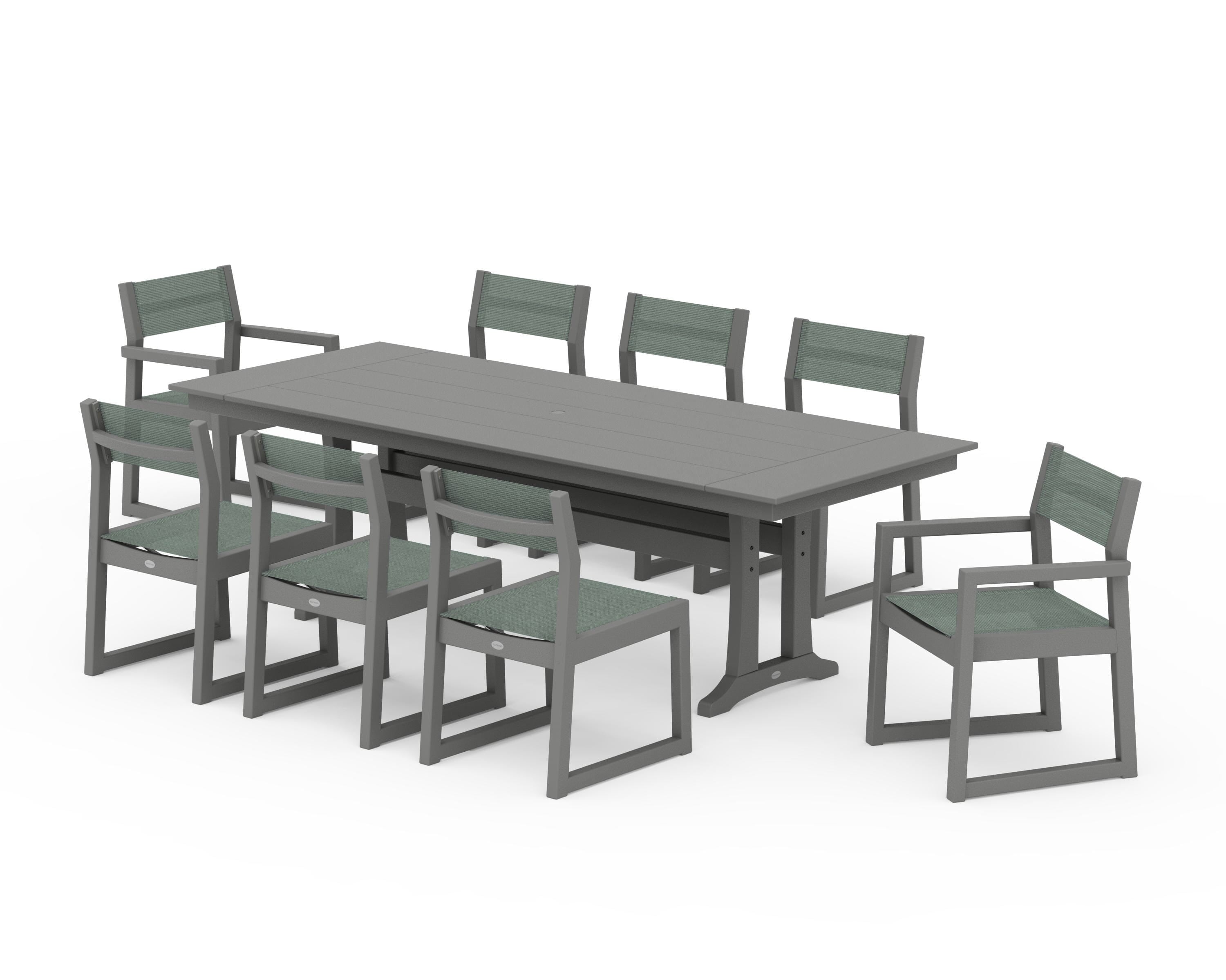 POLYWOOD EDGE Sling 9-Piece Farmhouse Trestle Dining Set in Slate Grey / Dupioni Sea Mist Sling