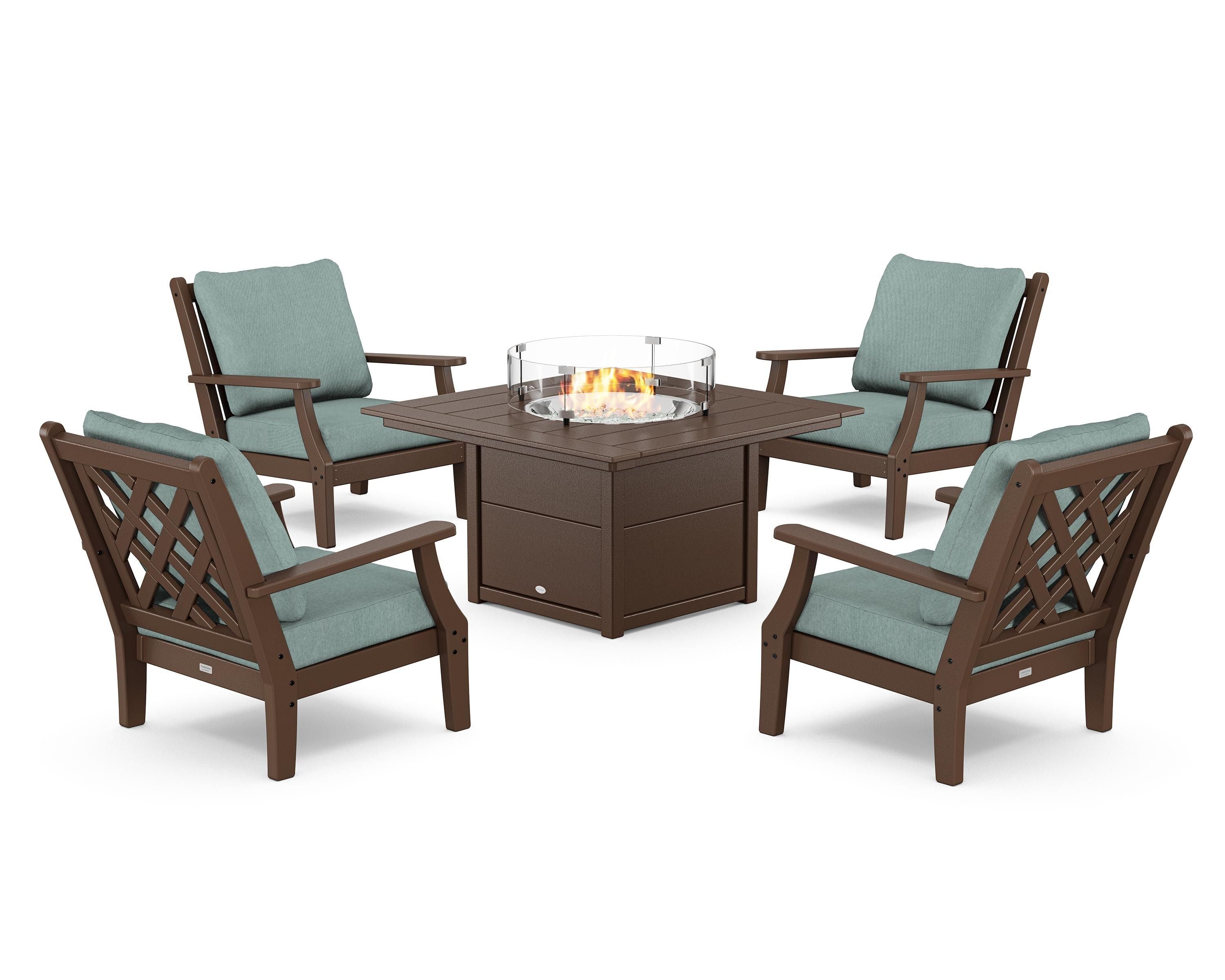 Country Living Wovendale 5-Piece Deep Seating Set with Fire Pit Table in Mahogany / Glacier Spa