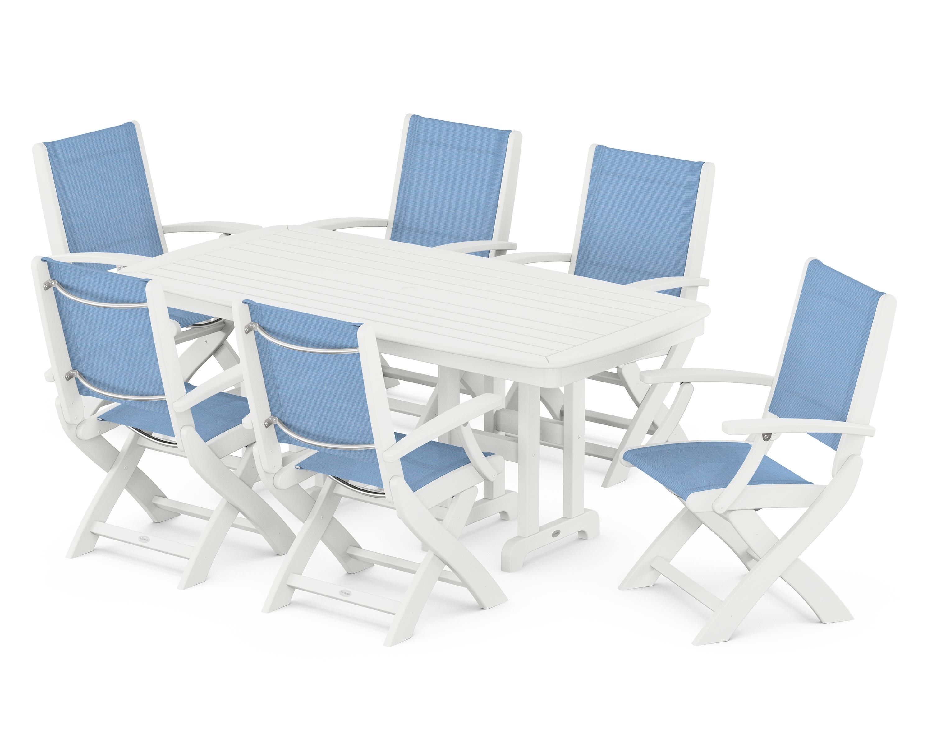 POLYWOOD Coastal Folding Arm Chair 7-Piece Dining Set in White / Poolside Sling