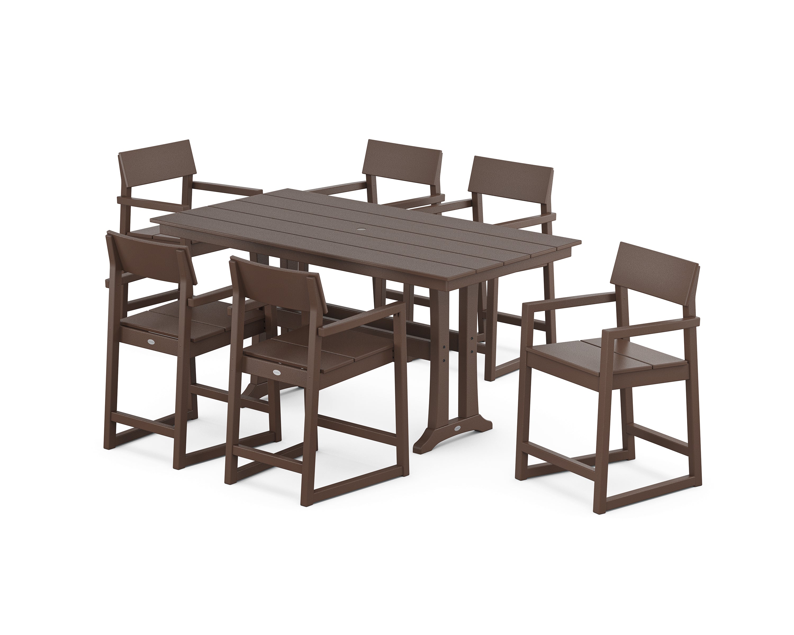 POLYWOOD® EDGE Arm Chair 7-Piece Farmhouse Counter Set with Trestle Legs in Mahogany