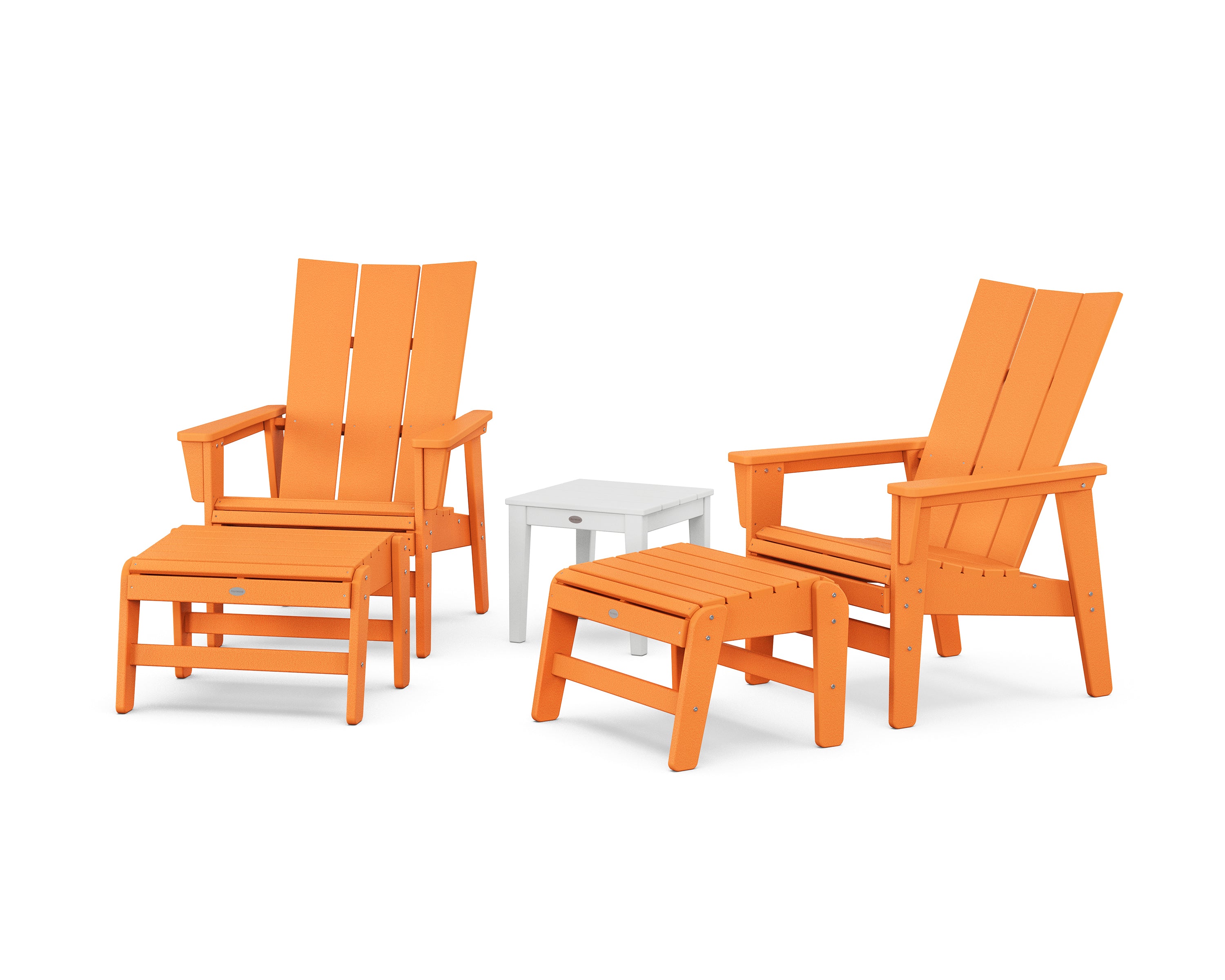 POLYWOOD® 5-Piece Modern Grand Upright Adirondack Set with Ottomans and Side Table in Tangerine / White