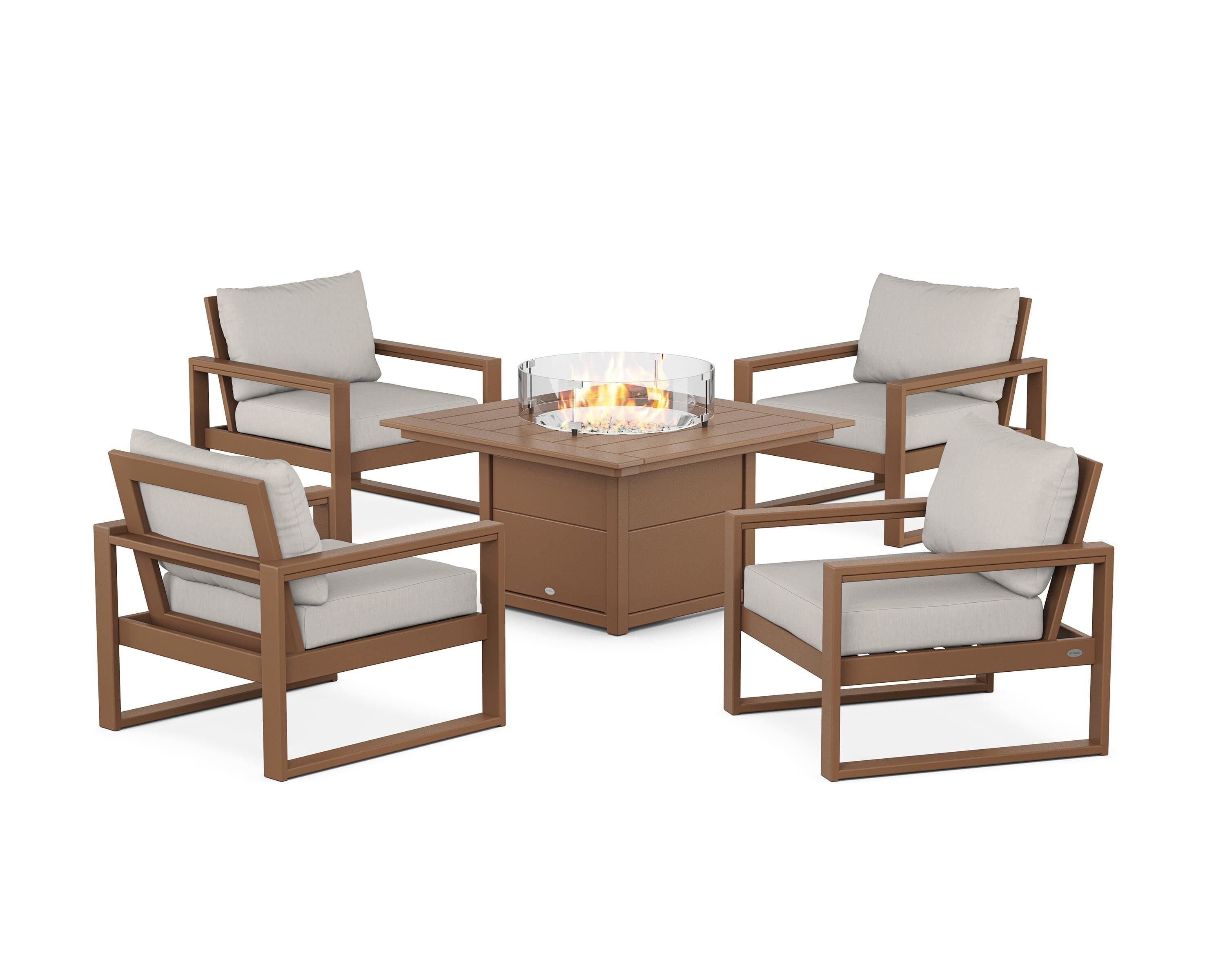 POLYWOOD EDGE Sectional 5-Piece Deep Seating Set with Fire Pit Table in Teak / Cast Ash