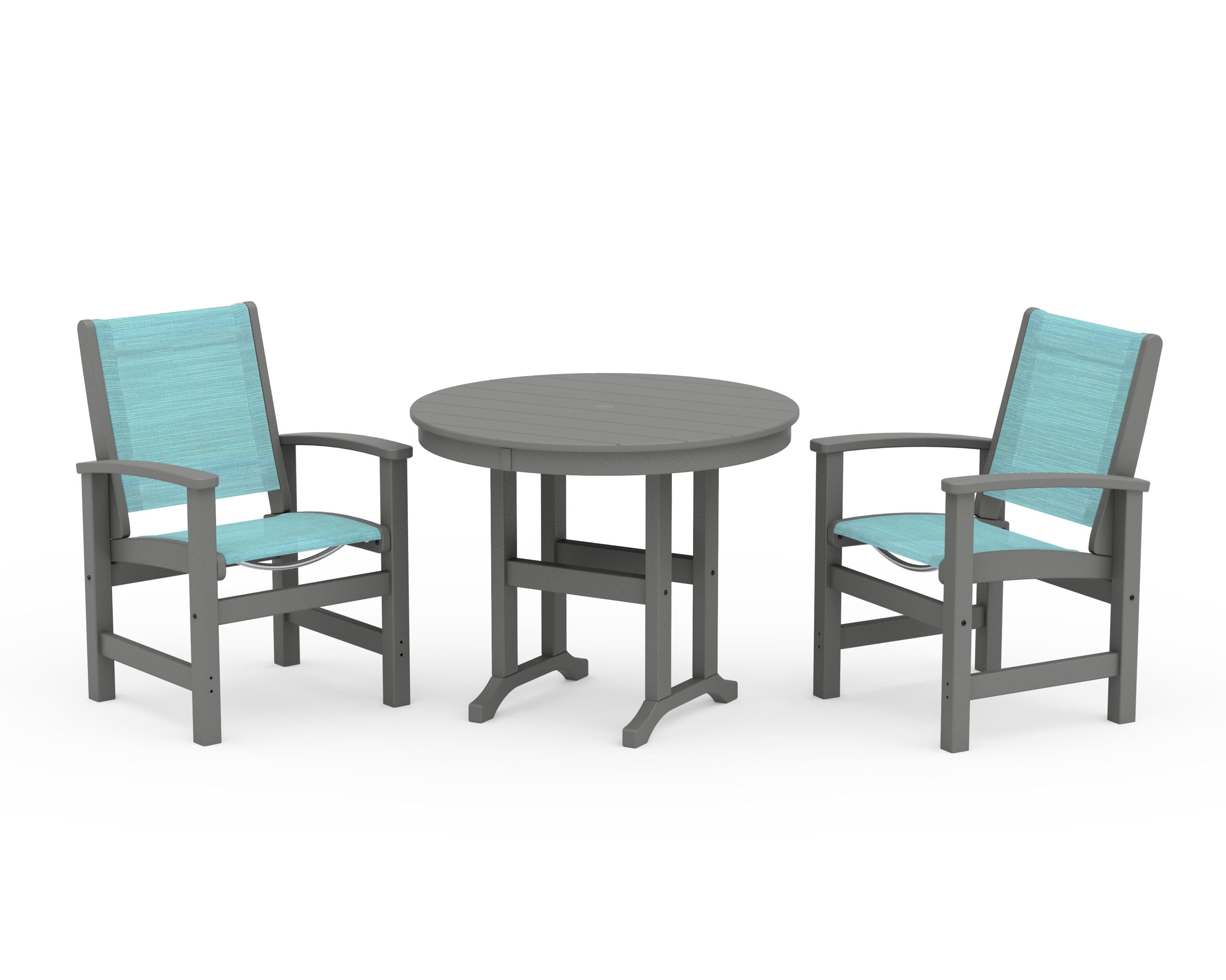 POLYWOOD Coastal 3-Piece Round Dining Set in Slate Grey / Dupioni Aquamarine Sling