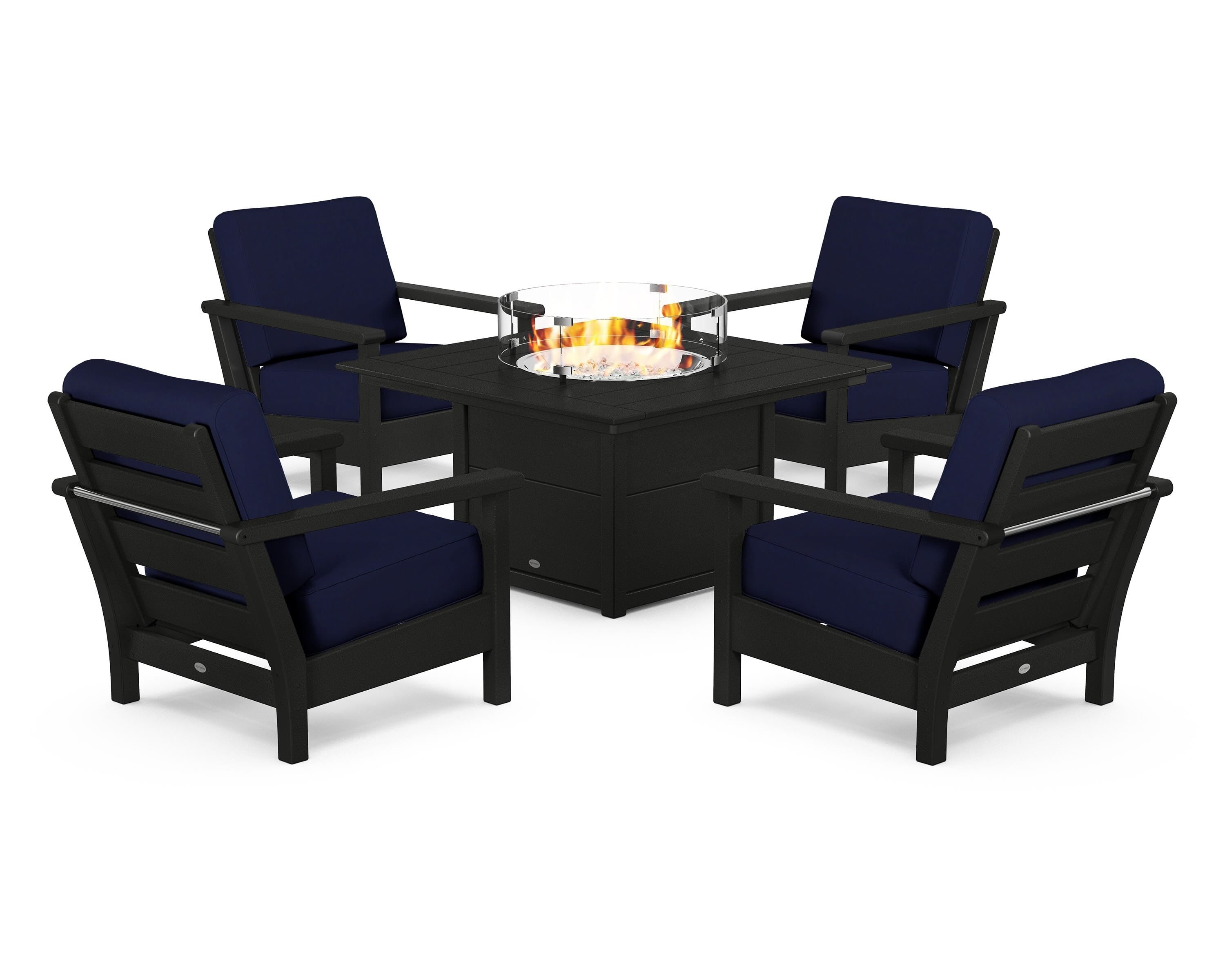 POLYWOOD Harbour 5-Piece Conversation Set with Fire Pit Table in Black / Navy