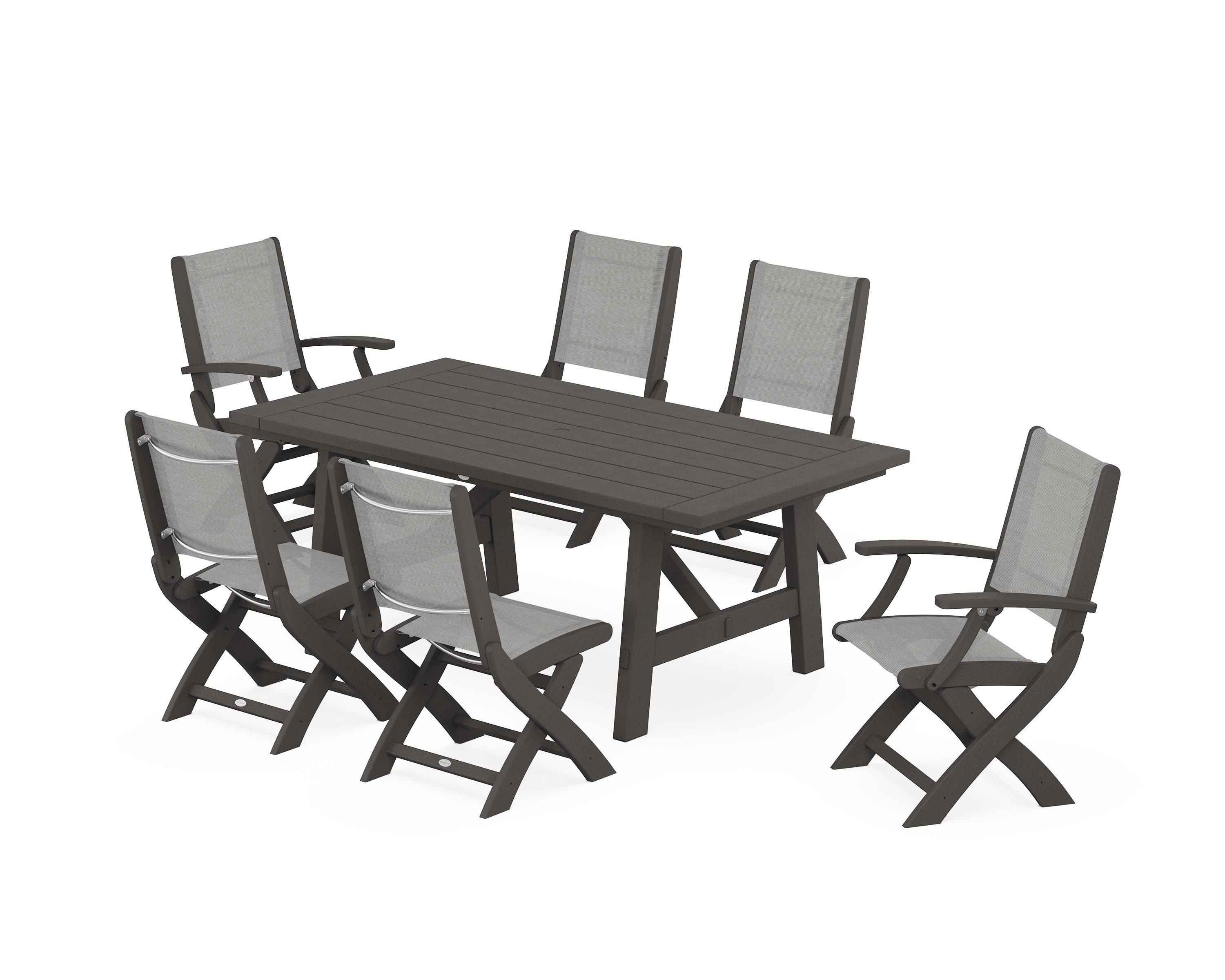 POLYWOOD Coastal Folding Chair 7-Piece Rustic Farmhouse Dining Set in Vintage Coffee / Metallic Sling