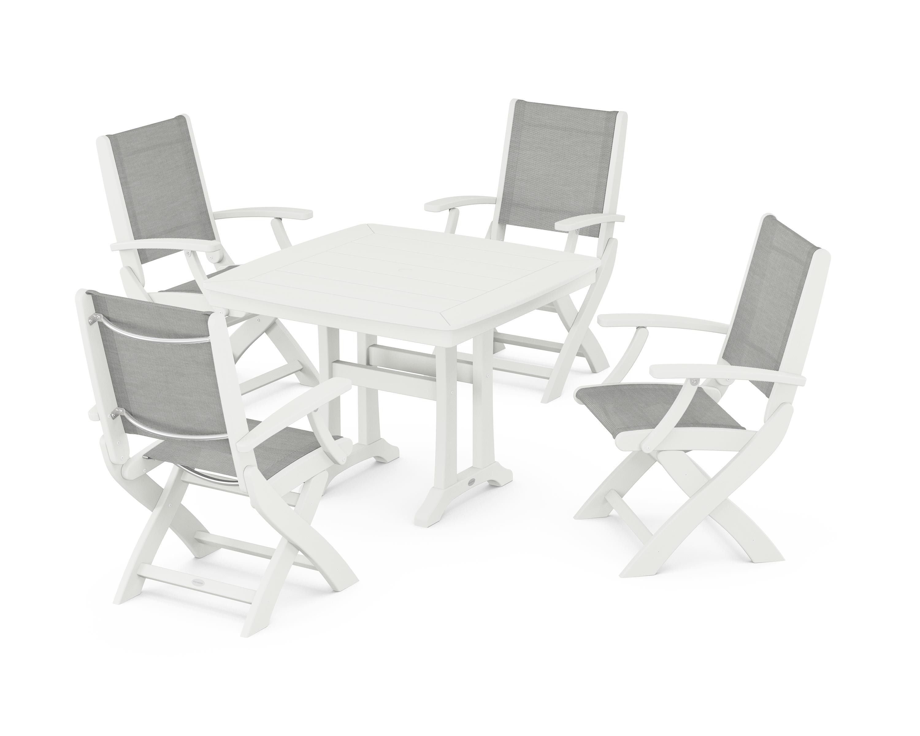POLYWOOD Coastal Folding Chair 5-Piece Dining Set with Trestle Legs in Vintage White / Metallic Sling