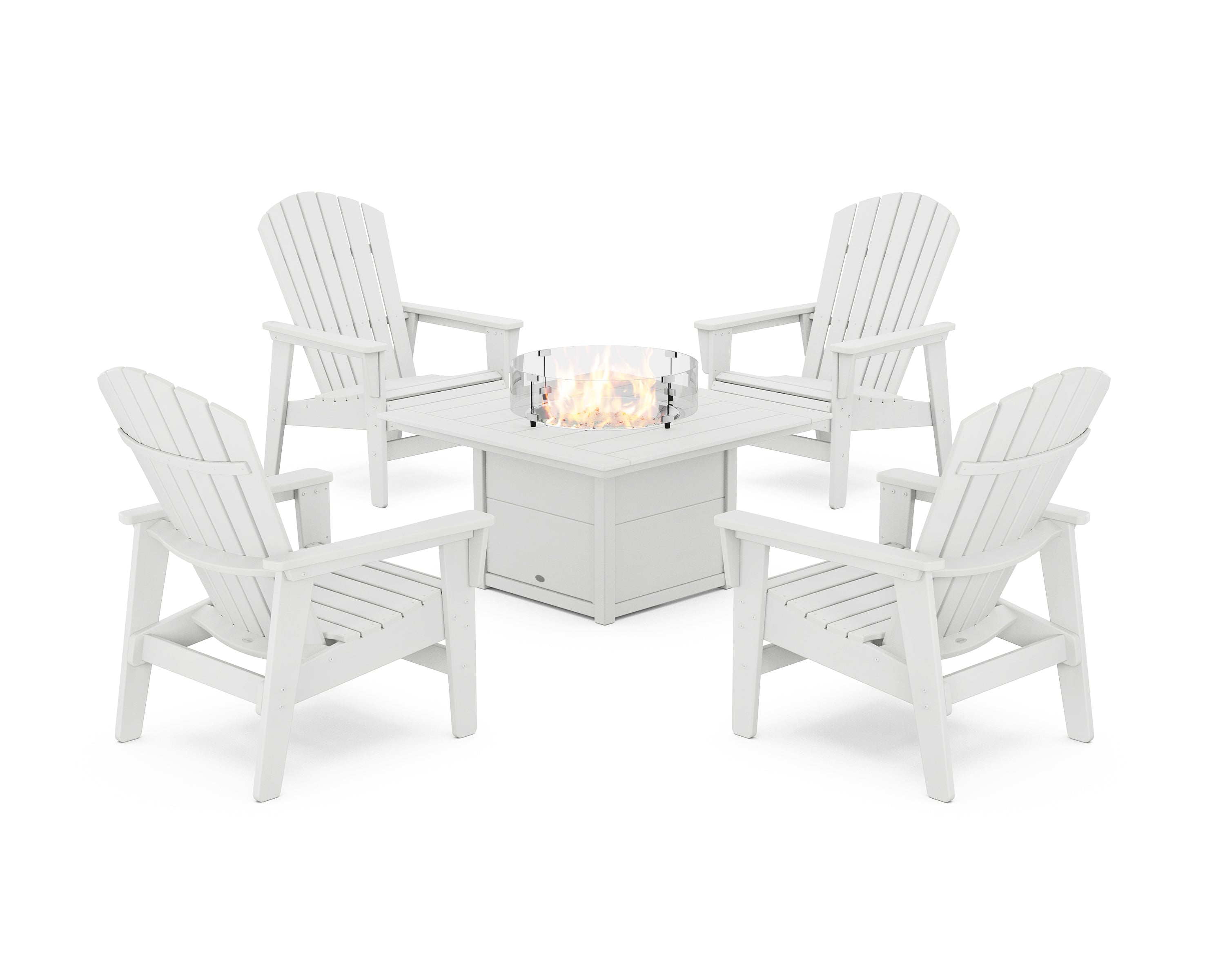 POLYWOOD® 5-Piece Nautical Grand Upright Adirondack Conversation Set with Fire Pit Table in White