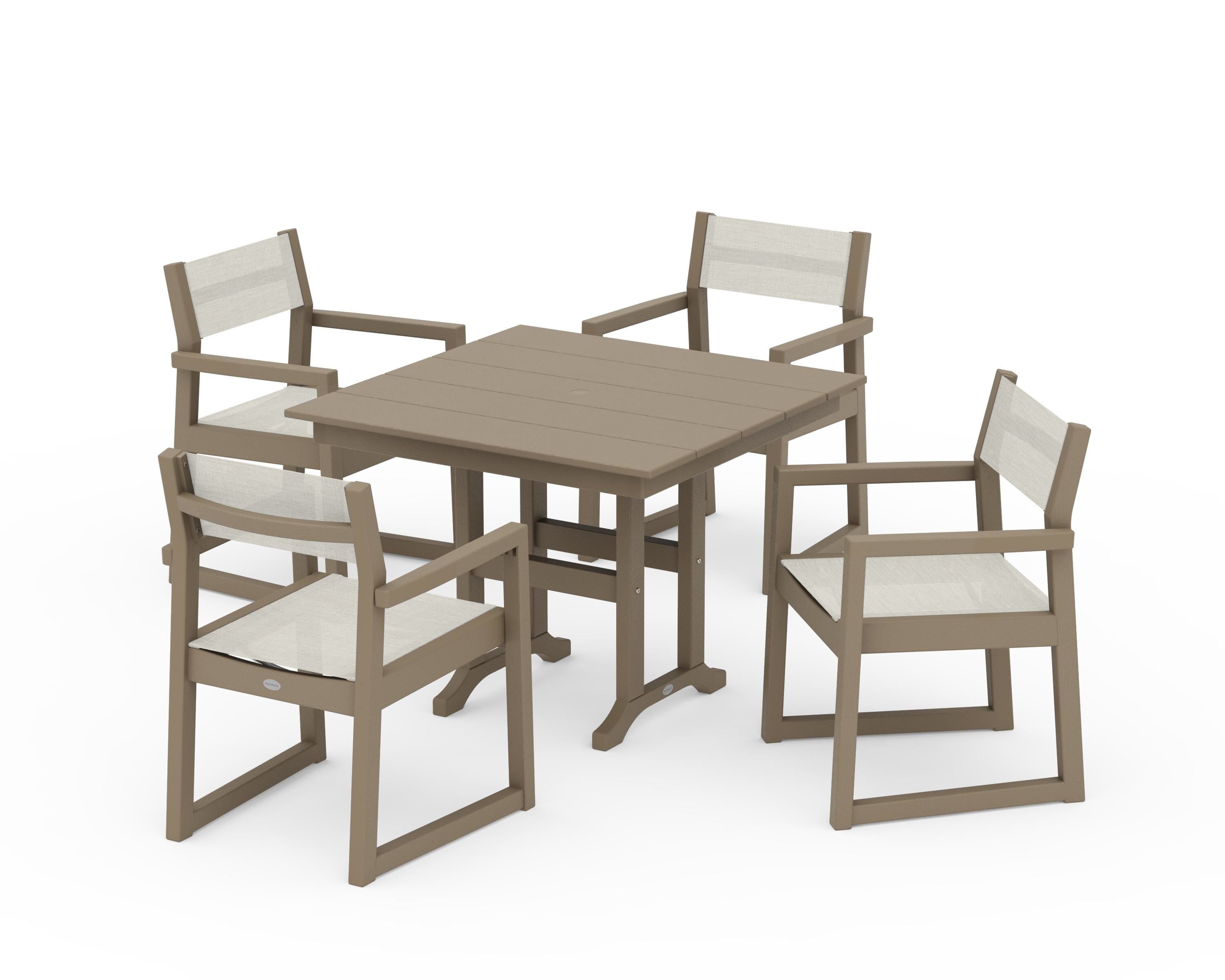 POLYWOOD EDGE Sling Arm Chair 5-Piece Farmhouse Dining Set in Vintage Sahara / Parchment Sling