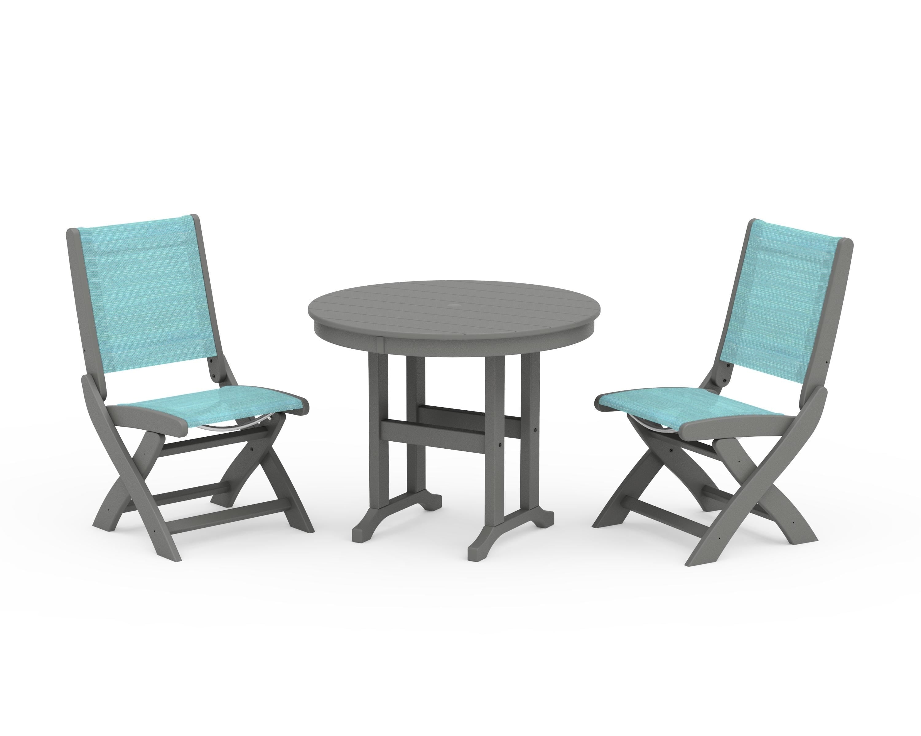 POLYWOOD Coastal Folding Side Chair 3-Piece Round Dining Set in Slate Grey / Dupioni Aquamarine Sling