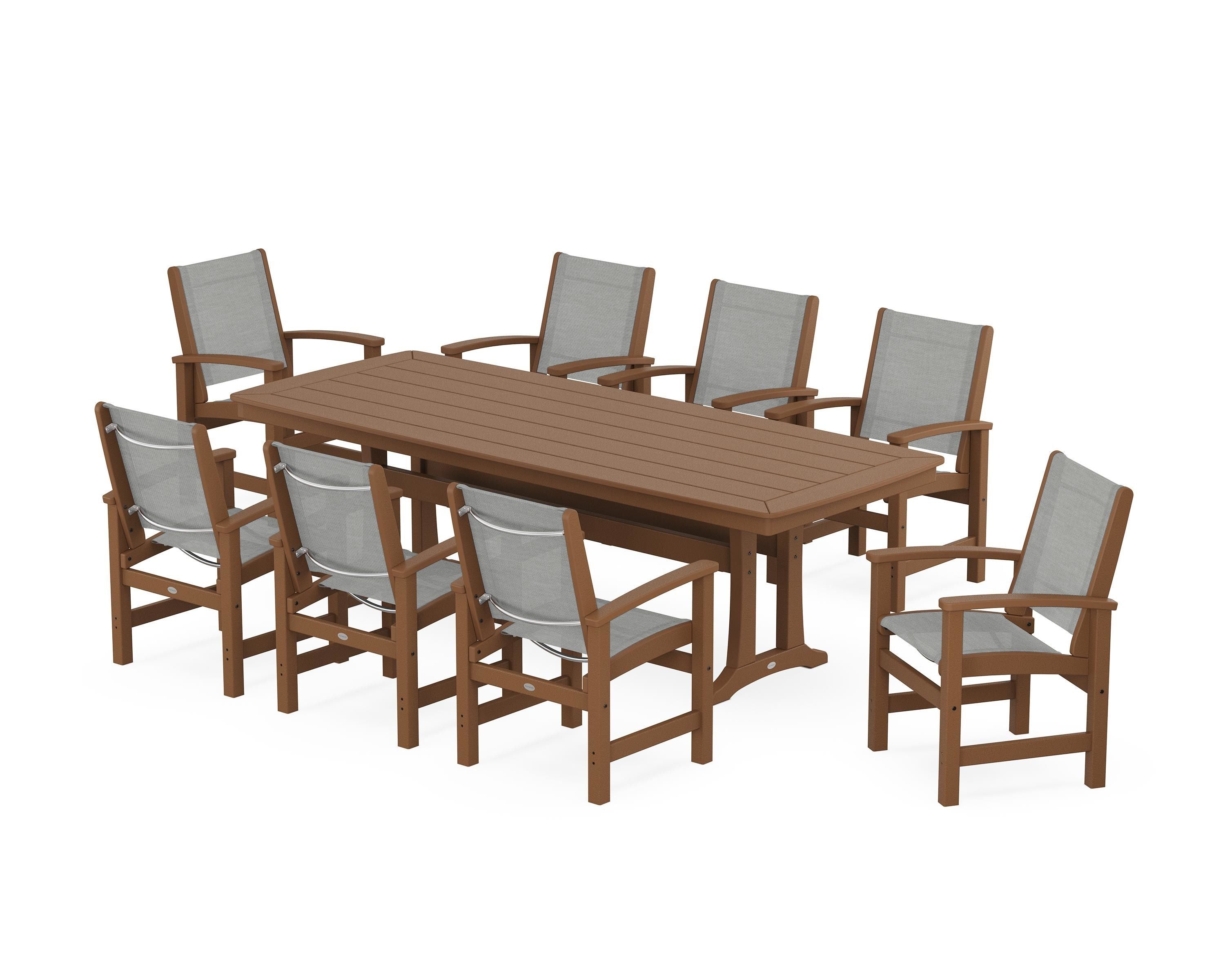 POLYWOOD Coastal 9-Piece Dining Set with Trestle Legs in Teak / Metallic Sling